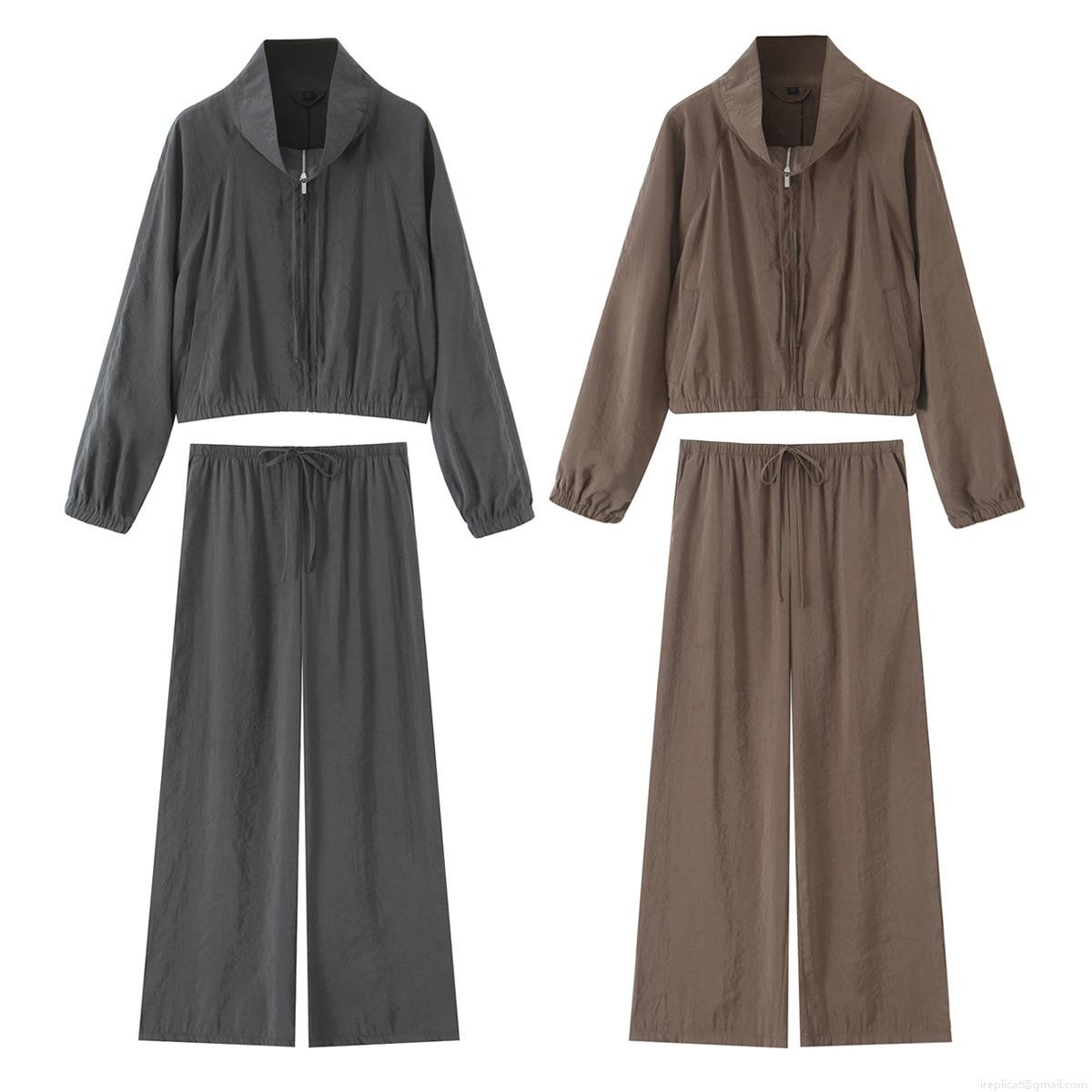 Women's Casual 2 Piece Outfits Micro Wrinkle Zip Up Hooded Jacket And High Waist Wide Leg Pants Set Streetwear Loungewear Tracksuit