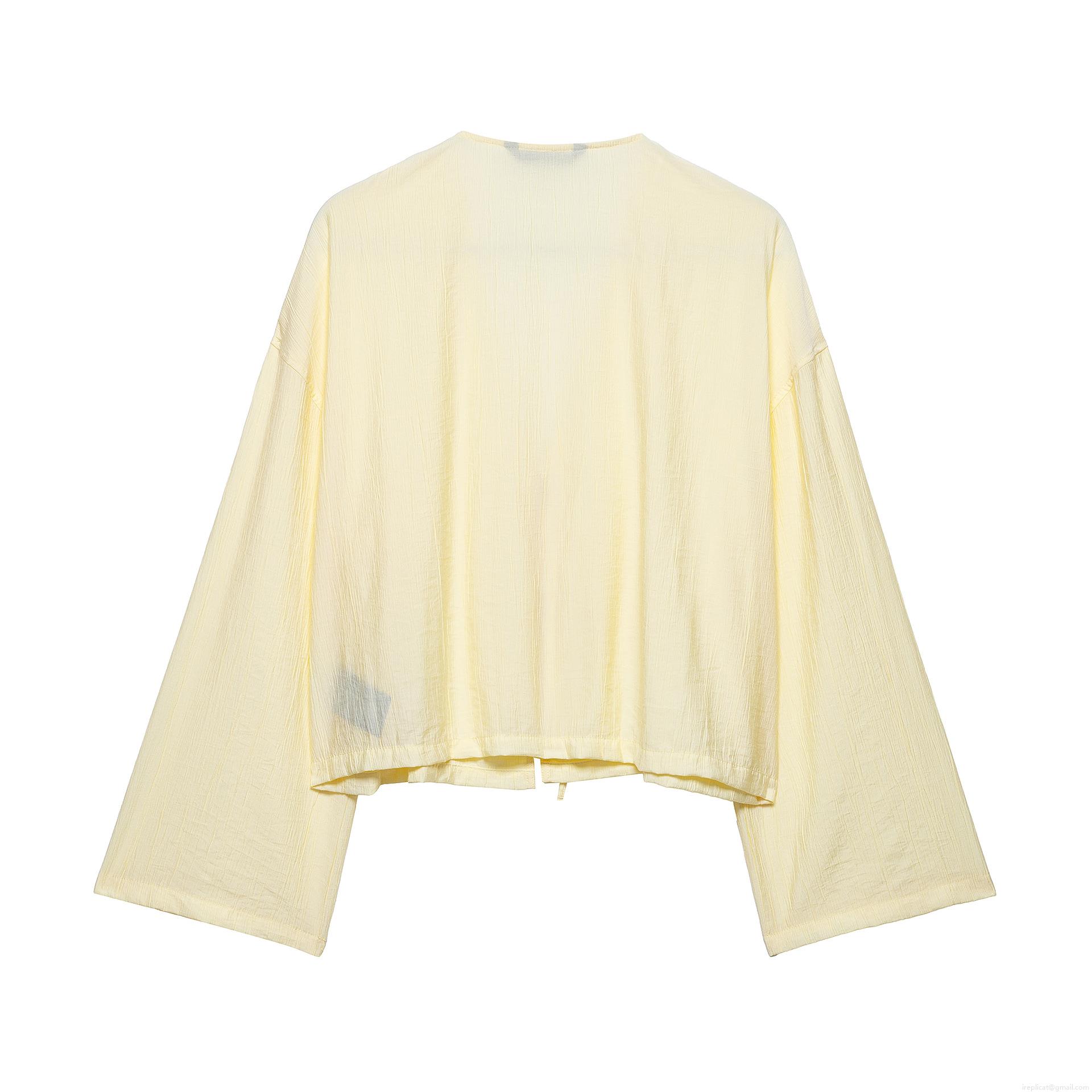 Women's Crinkle Texture Kimono Style Top And Shorts Set 100% Polyester Solid Pale Yellow V-Neck Tie-Front Casual Loungewear Two Piece Outfit Streetwear Summer Vacation Beach Wear For Women