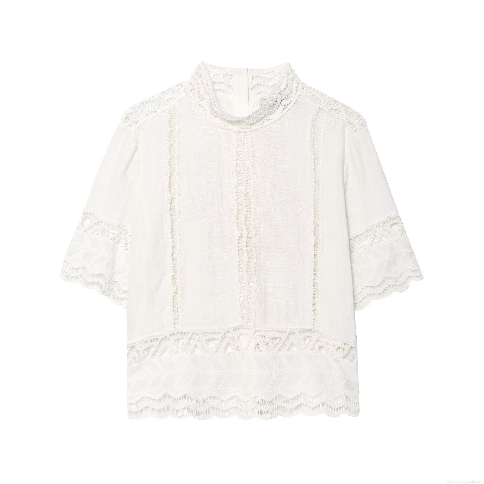 Women's Two Piece Set Crochet Hollow Out Short Sleeve Stand Collar Top And A-Line Midi Skirt Cotton Blend Casual Streetwear White Outfit