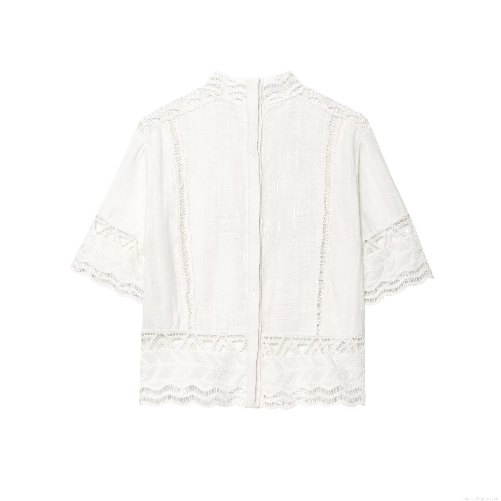 Women's Two Piece Set Crochet Hollow Out Short Sleeve Stand Collar Top And A-Line Midi Skirt Cotton Blend Casual Streetwear White Outfit