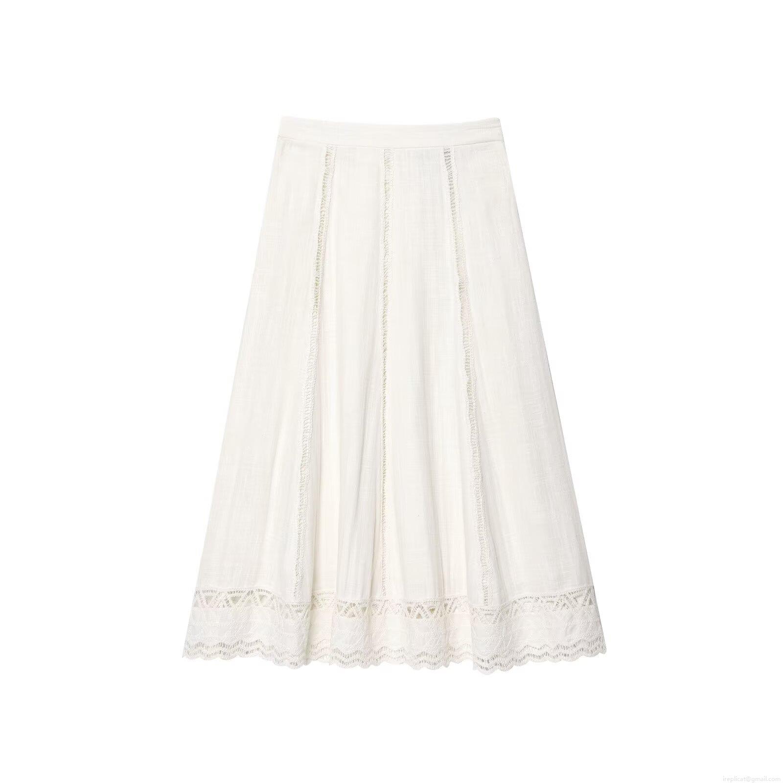 Women's Two Piece Set Crochet Hollow Out Short Sleeve Stand Collar Top And A-Line Midi Skirt Cotton Blend Casual Streetwear White Outfit
