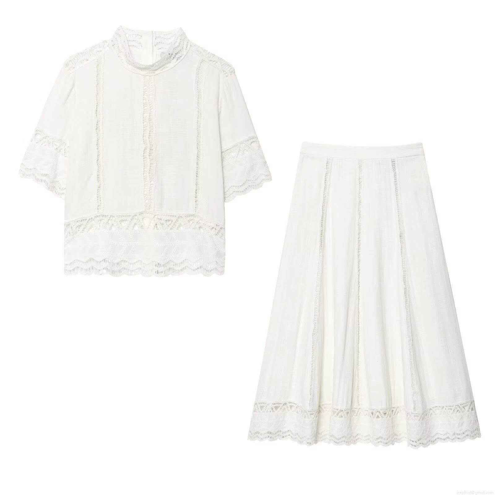 Women's Two Piece Set Crochet Hollow Out Short Sleeve Stand Collar Top And A-Line Midi Skirt Cotton Blend Casual Streetwear White Outfit