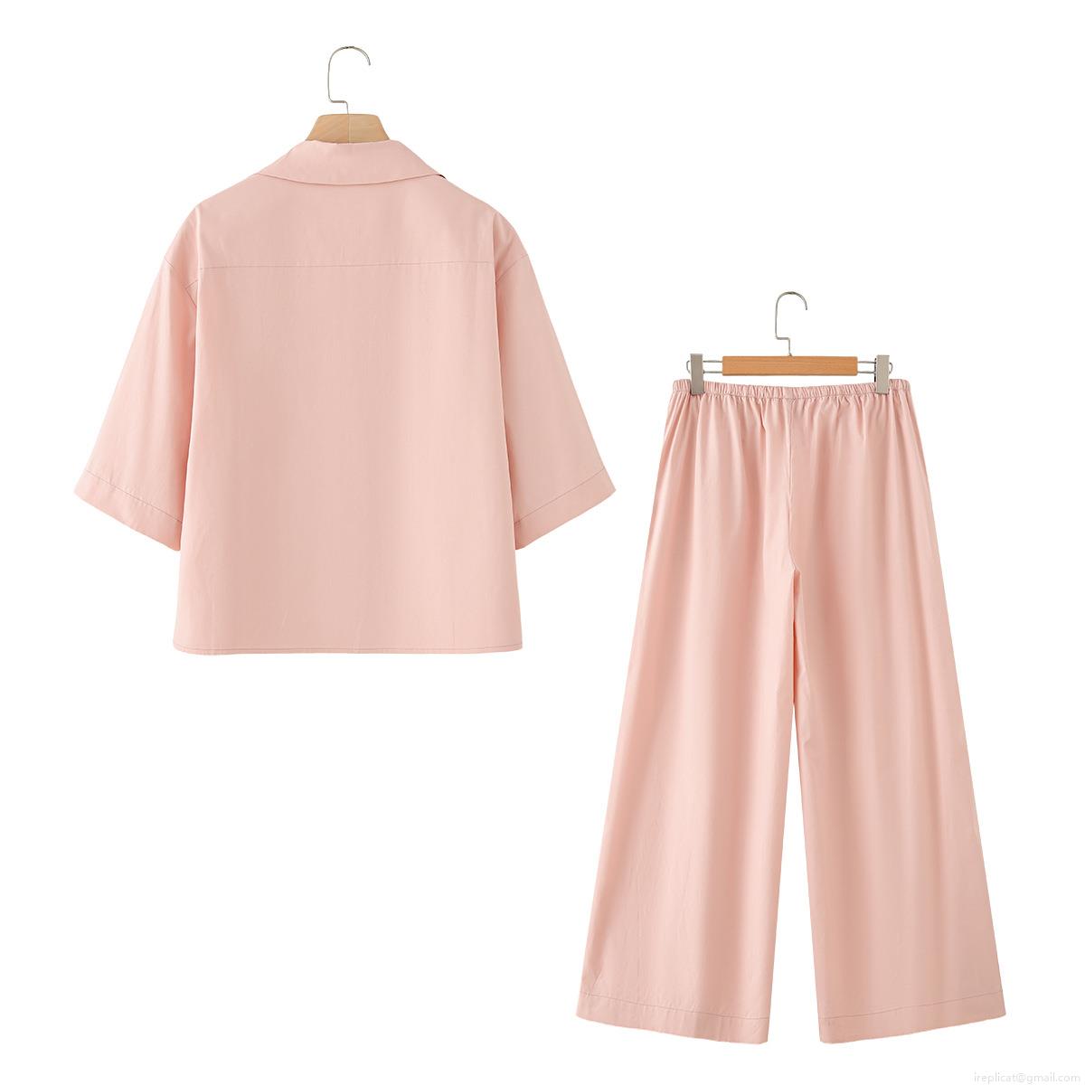 Women's 100% Cotton Two Piece Set Short Sleeve Lapel Button Up Shirt And High Waist Wide Leg Pants Loungewear Casual Loose Pajama Set Summer Clothing