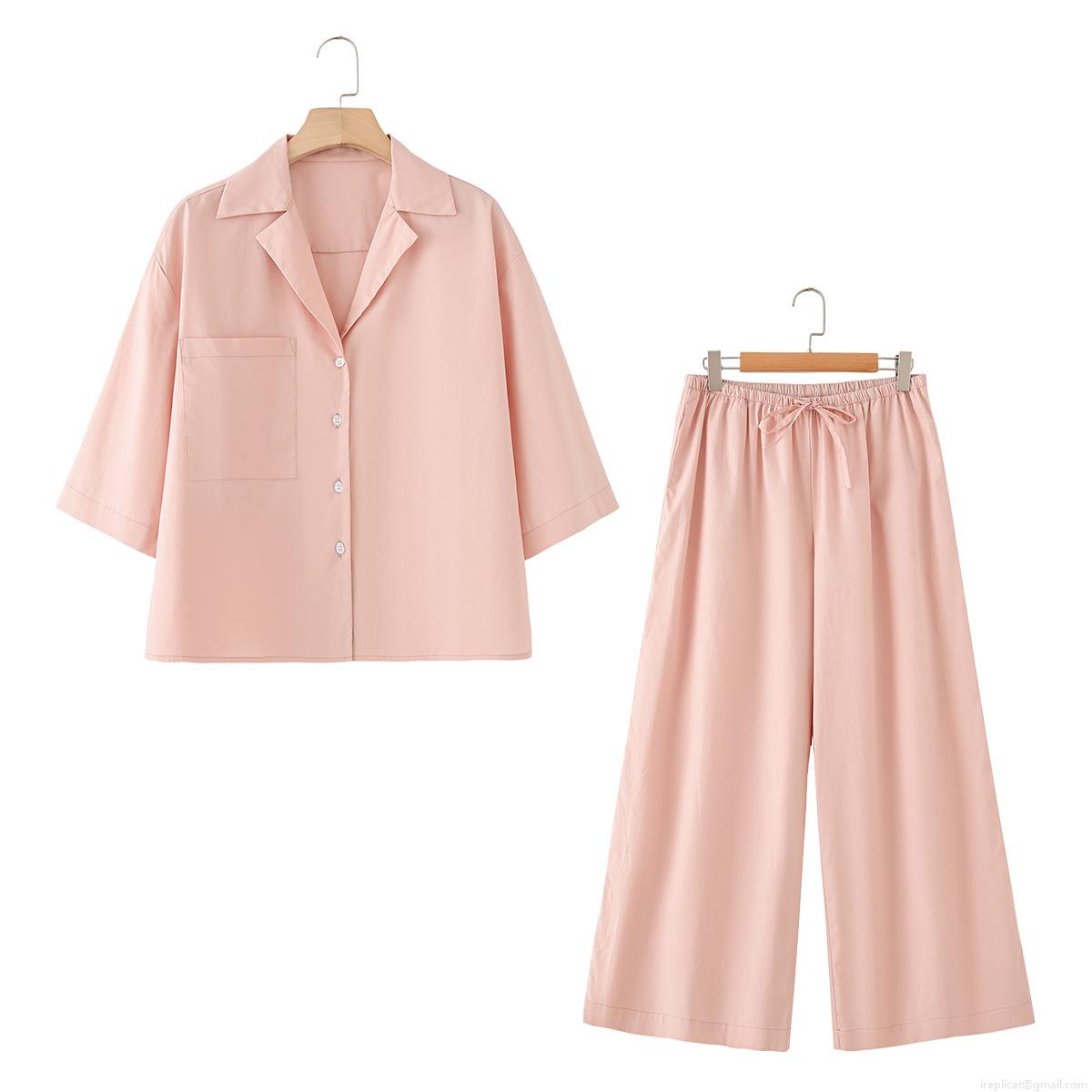 Women's 100% Cotton Two Piece Set Short Sleeve Lapel Button Up Shirt And High Waist Wide Leg Pants Loungewear Casual Loose Pajama Set Summer Clothing