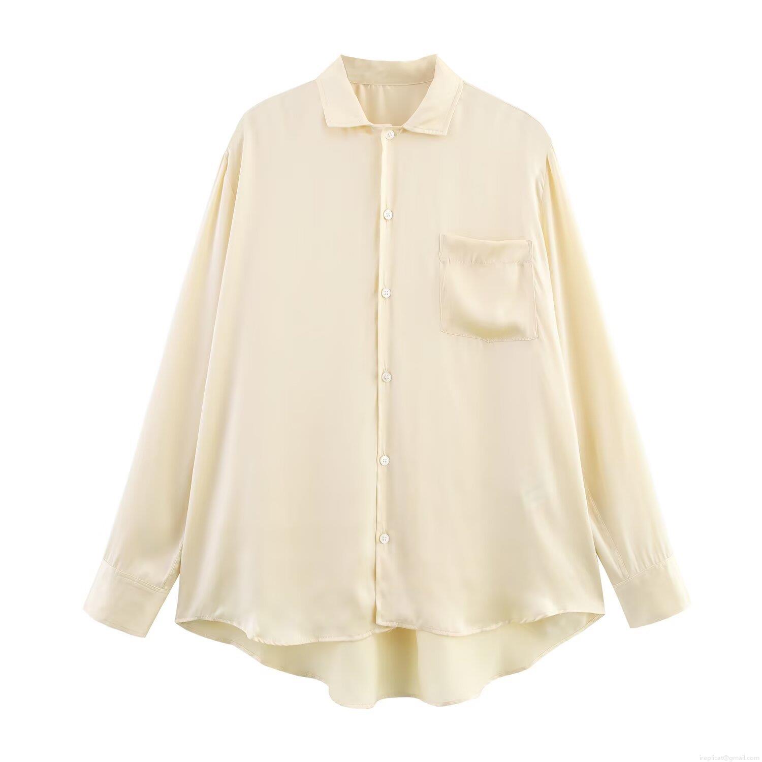 Elegant Satin Loungewear Two-Piece Set For Women Polyester Satin Button-Down Long Sleeve Shirt With Pocket And Matching Wide-Leg Drawstring Pants Casual Outfits Set Cream Beige