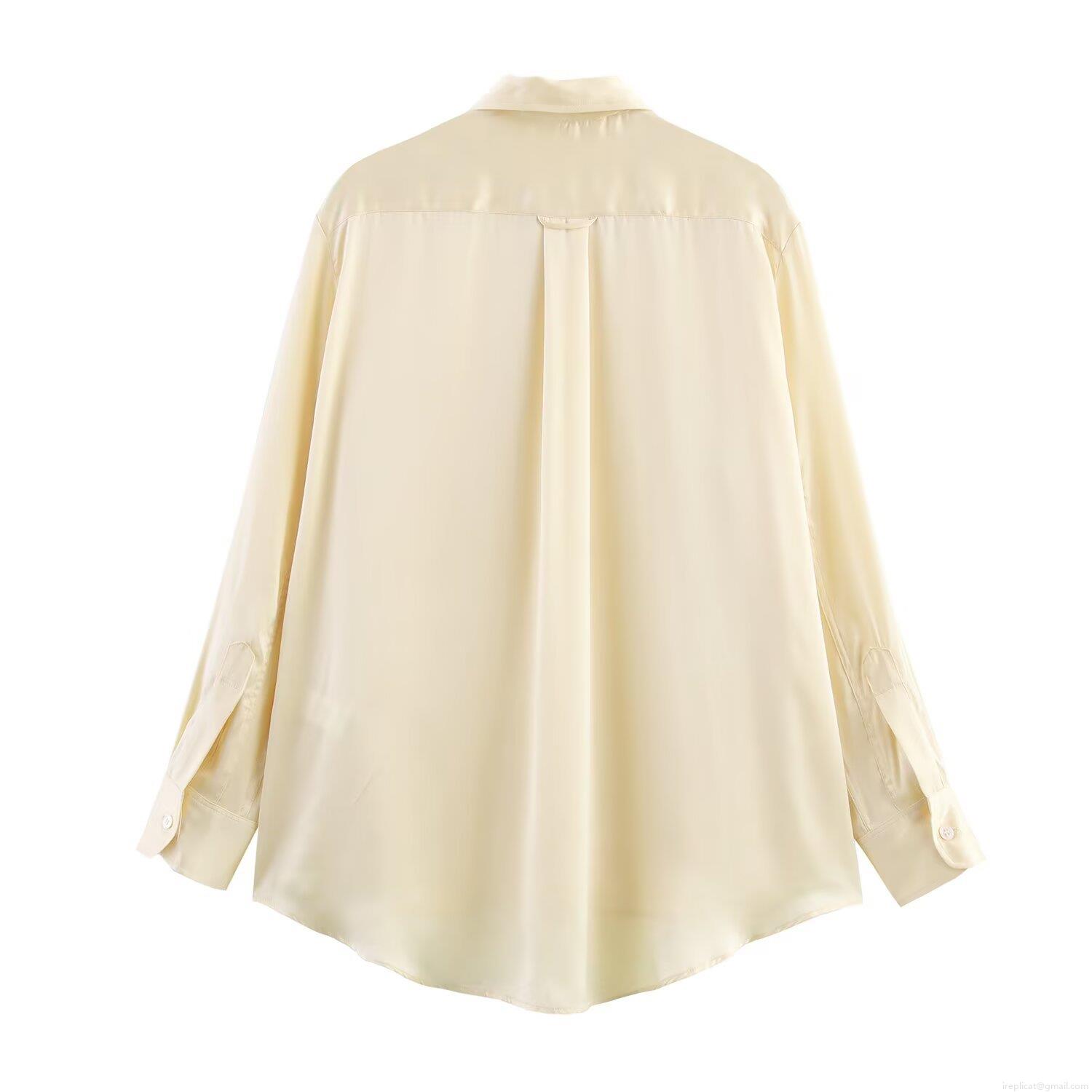 Elegant Satin Loungewear Two-Piece Set For Women Polyester Satin Button-Down Long Sleeve Shirt With Pocket And Matching Wide-Leg Drawstring Pants Casual Outfits Set Cream Beige