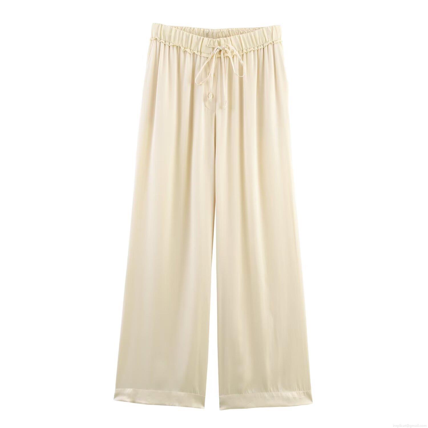 Elegant Satin Loungewear Two-Piece Set For Women Polyester Satin Button-Down Long Sleeve Shirt With Pocket And Matching Wide-Leg Drawstring Pants Casual Outfits Set Cream Beige