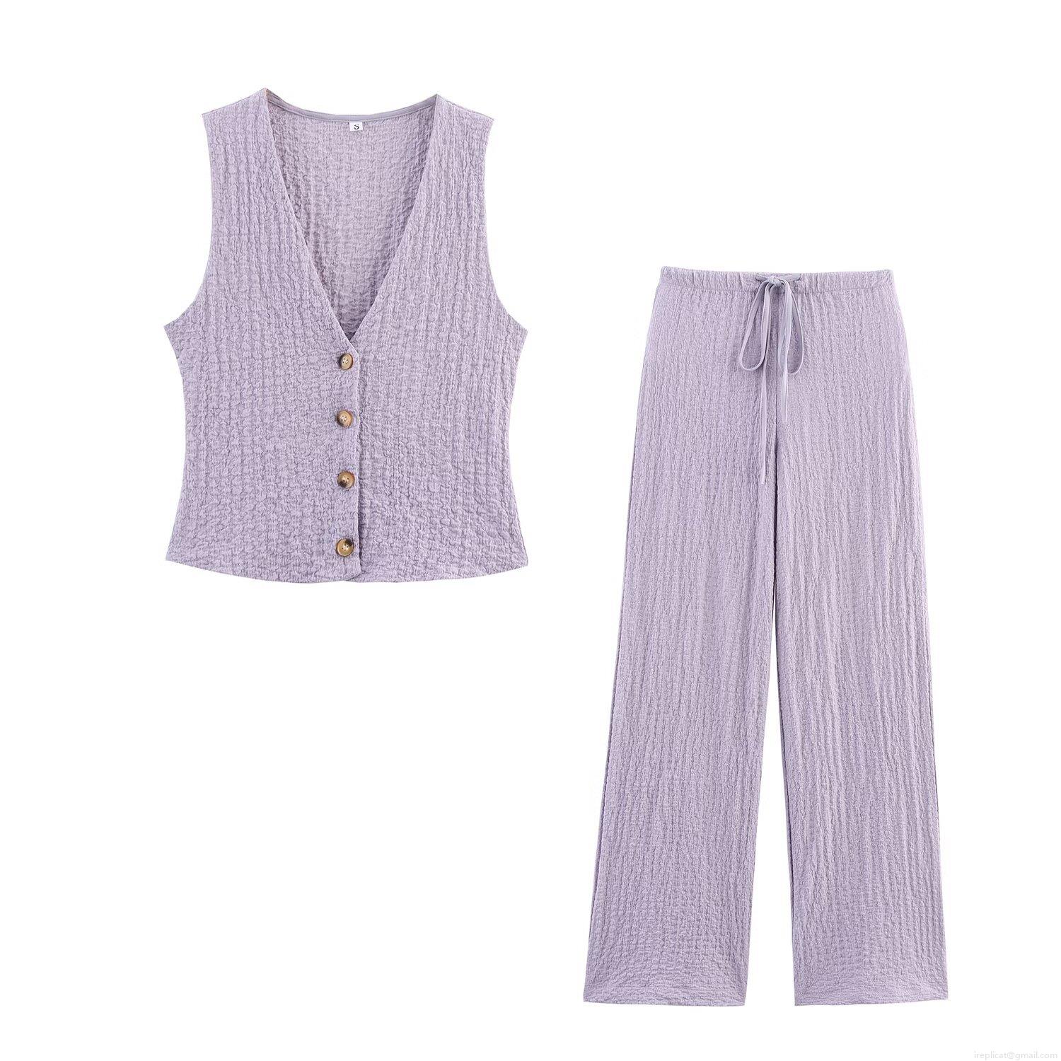 Women's Casual 2 Piece Set V Neck Button Down Sleeveless Vest and Drawstring Wide Leg Pants Textured Seersucker Polyester Summer Outfits