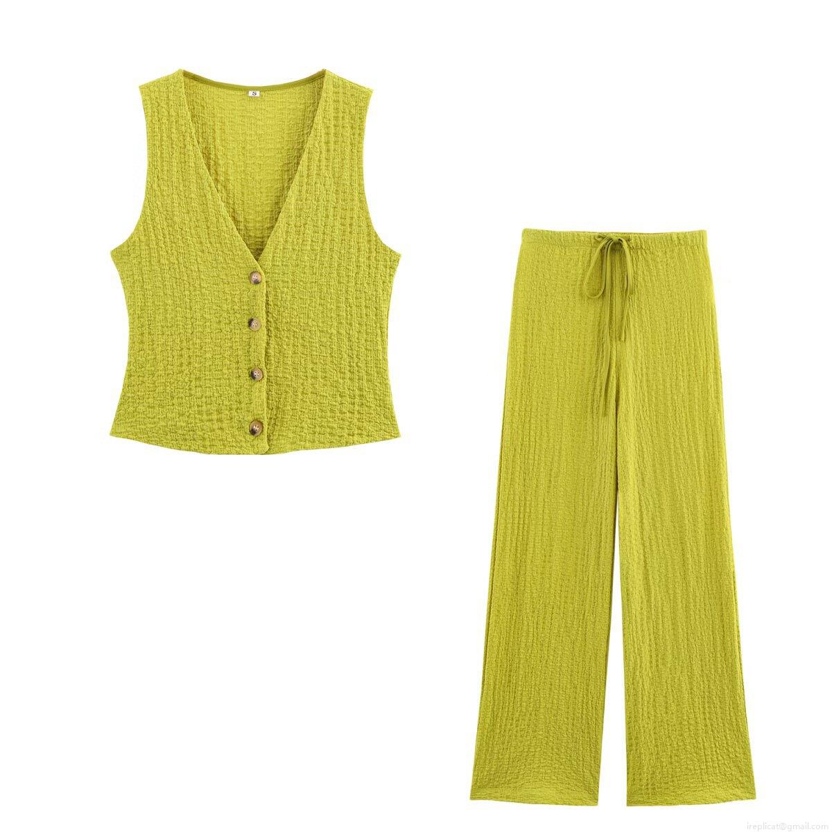Women's Casual 2 Piece Set V Neck Button Down Sleeveless Vest and Drawstring Wide Leg Pants Textured Seersucker Polyester Summer Outfits