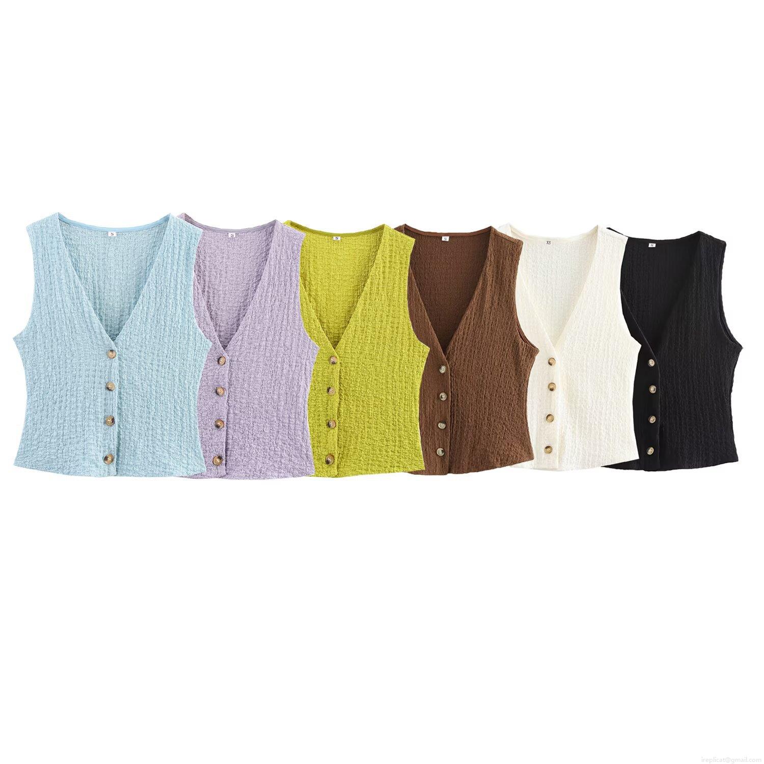 Women's Casual 2 Piece Set V Neck Button Down Sleeveless Vest and Drawstring Wide Leg Pants Textured Seersucker Polyester Summer Outfits