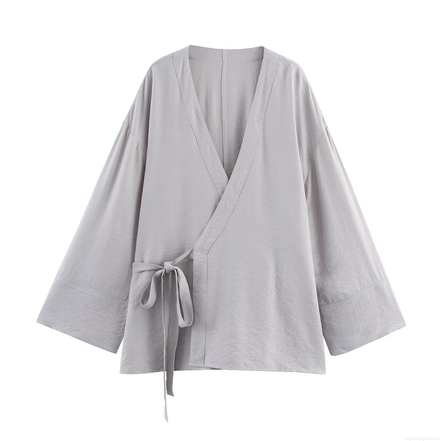 Women's Casual Loungewear Set Kimono Style Wrap Top And Wide Leg Pants Solid Color Cotton Blend Two Piece Outfits For Women Home Streetwear