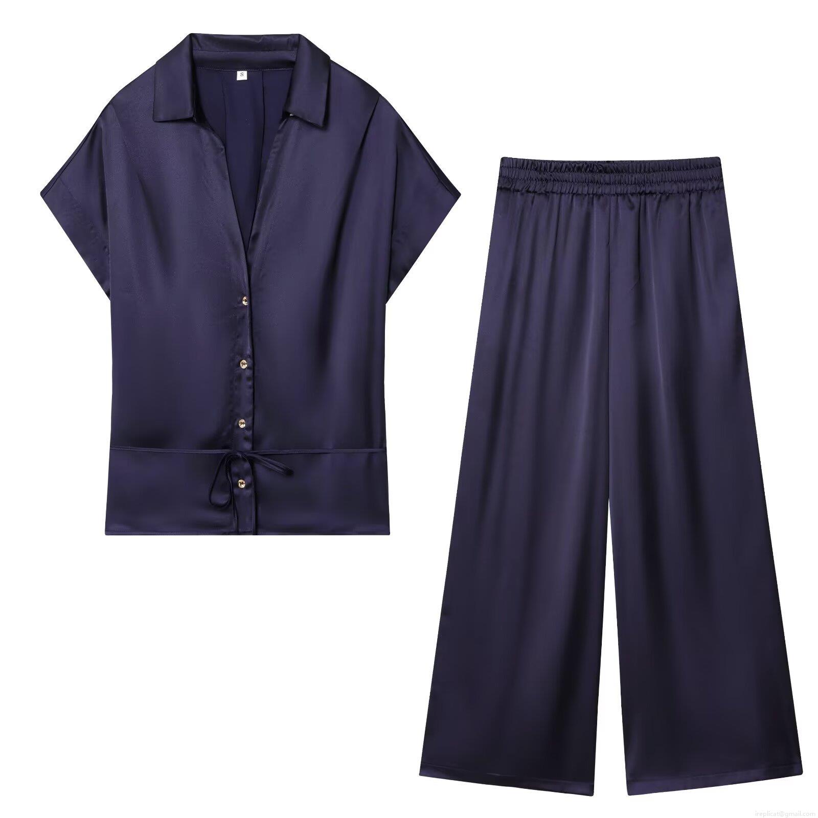 Women's Satin Silk Texture 2 Piece Set V-Neck Short Sleeve Button Up Belted Shirt And Wide Leg Long Pants Leisure Pajama Loungewear Suit For Women