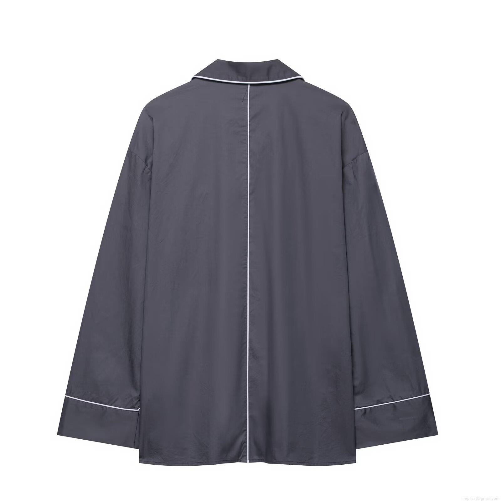 Women's Casual Long Sleeve Piping Poplin Shirt And Paperbag Waist Shorts Loungewear Set Solid Color Loose Two Piece Home Wear For Women