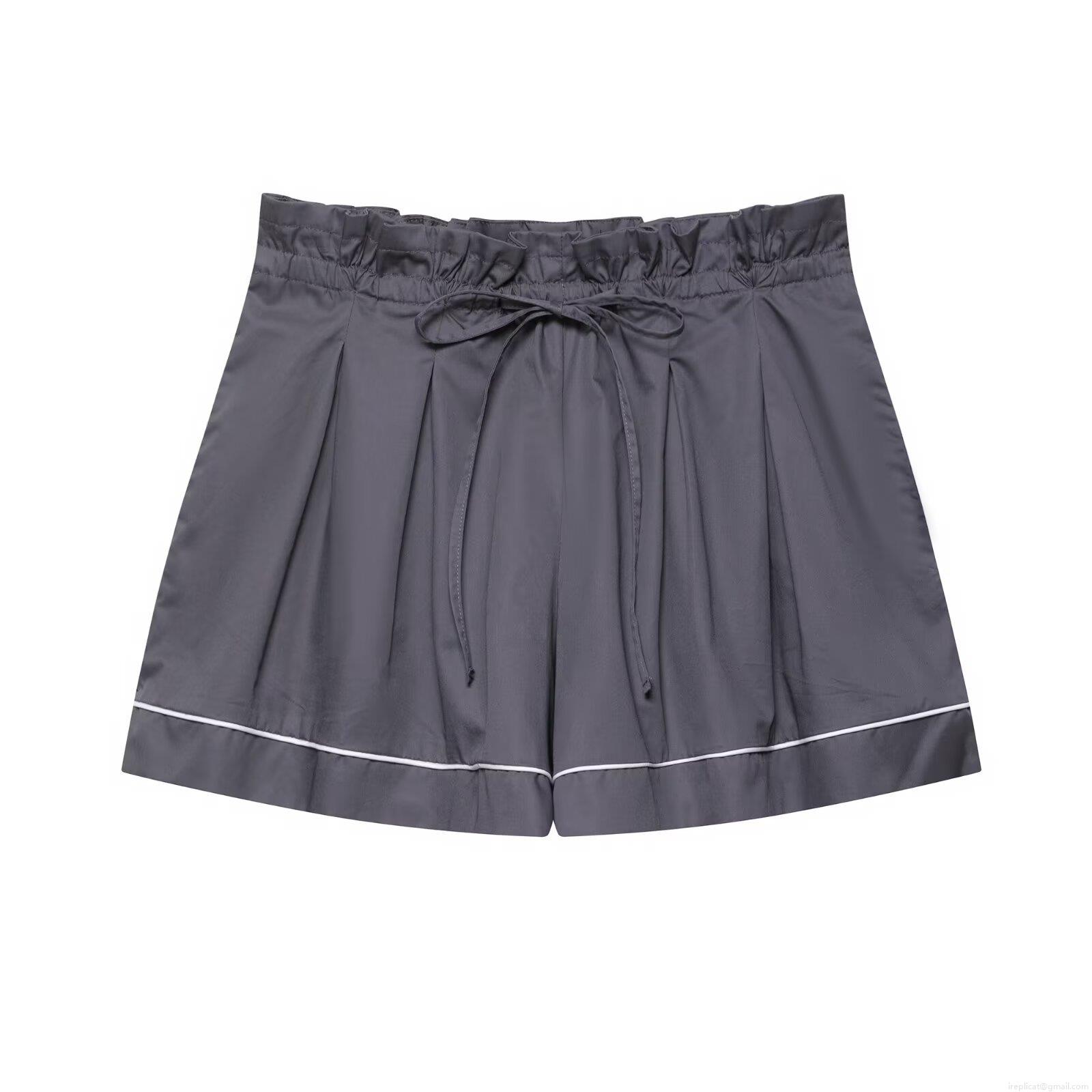 Women's Casual Long Sleeve Piping Poplin Shirt And Paperbag Waist Shorts Loungewear Set Solid Color Loose Two Piece Home Wear For Women