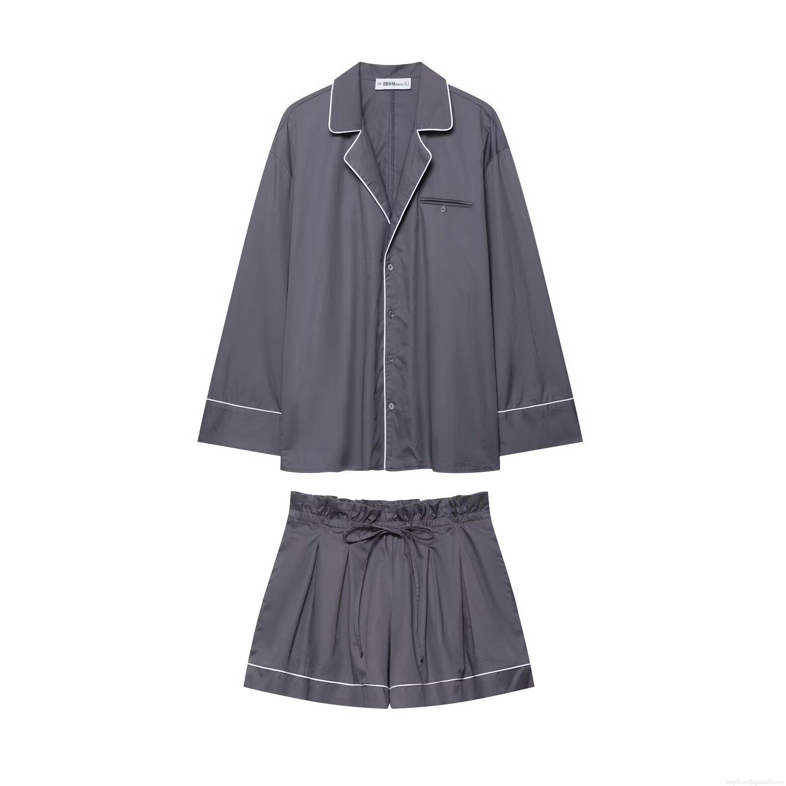 Women's Casual Long Sleeve Piping Poplin Shirt And Paperbag Waist Shorts Loungewear Set Solid Color Loose Two Piece Home Wear For Women