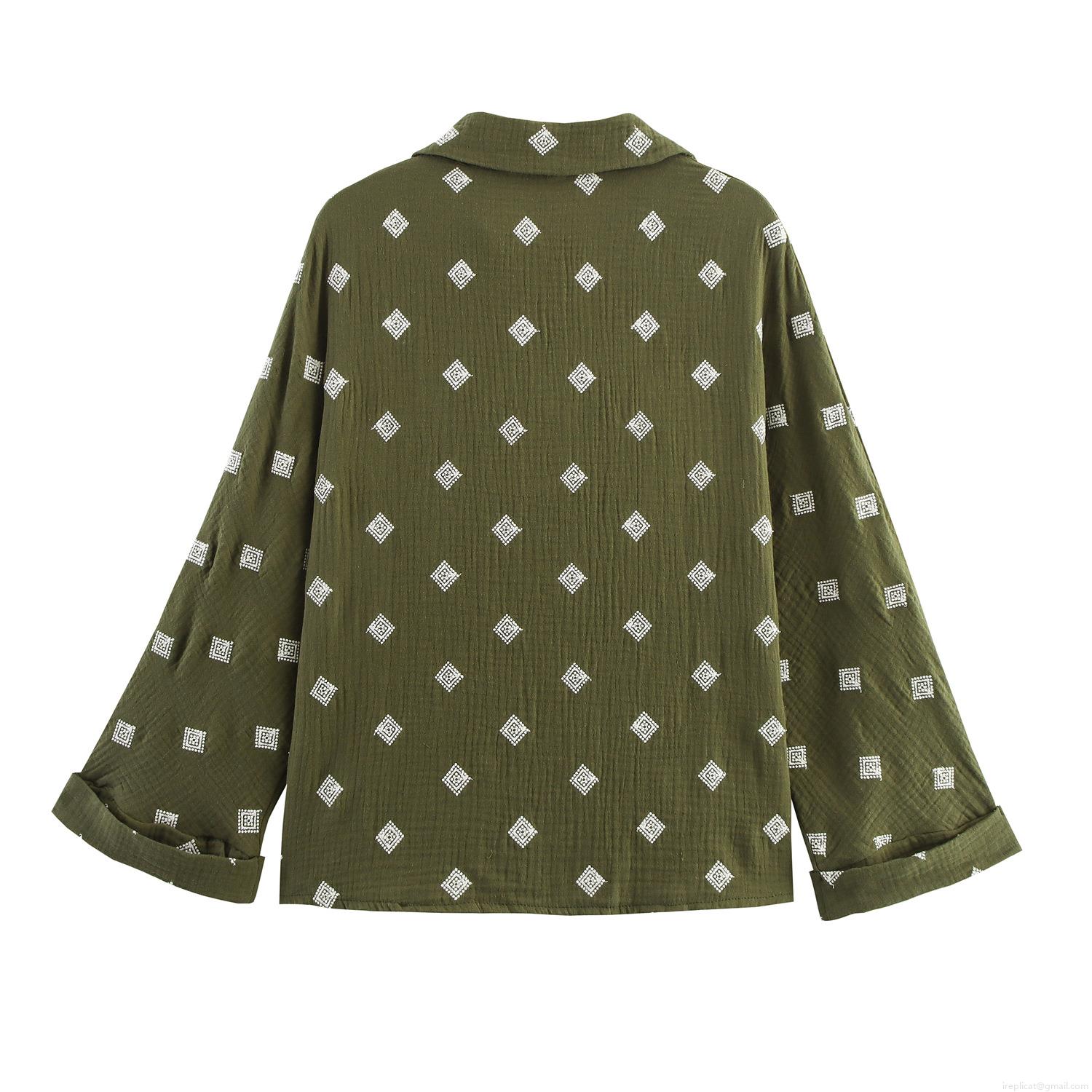Women's Casual 2 Piece Lounge Set Cotton Crepe Embroidery Long Sleeve Button Down Shirt and Wide Leg Pants Set Olive Green Geometric Print Streetwear Outfit