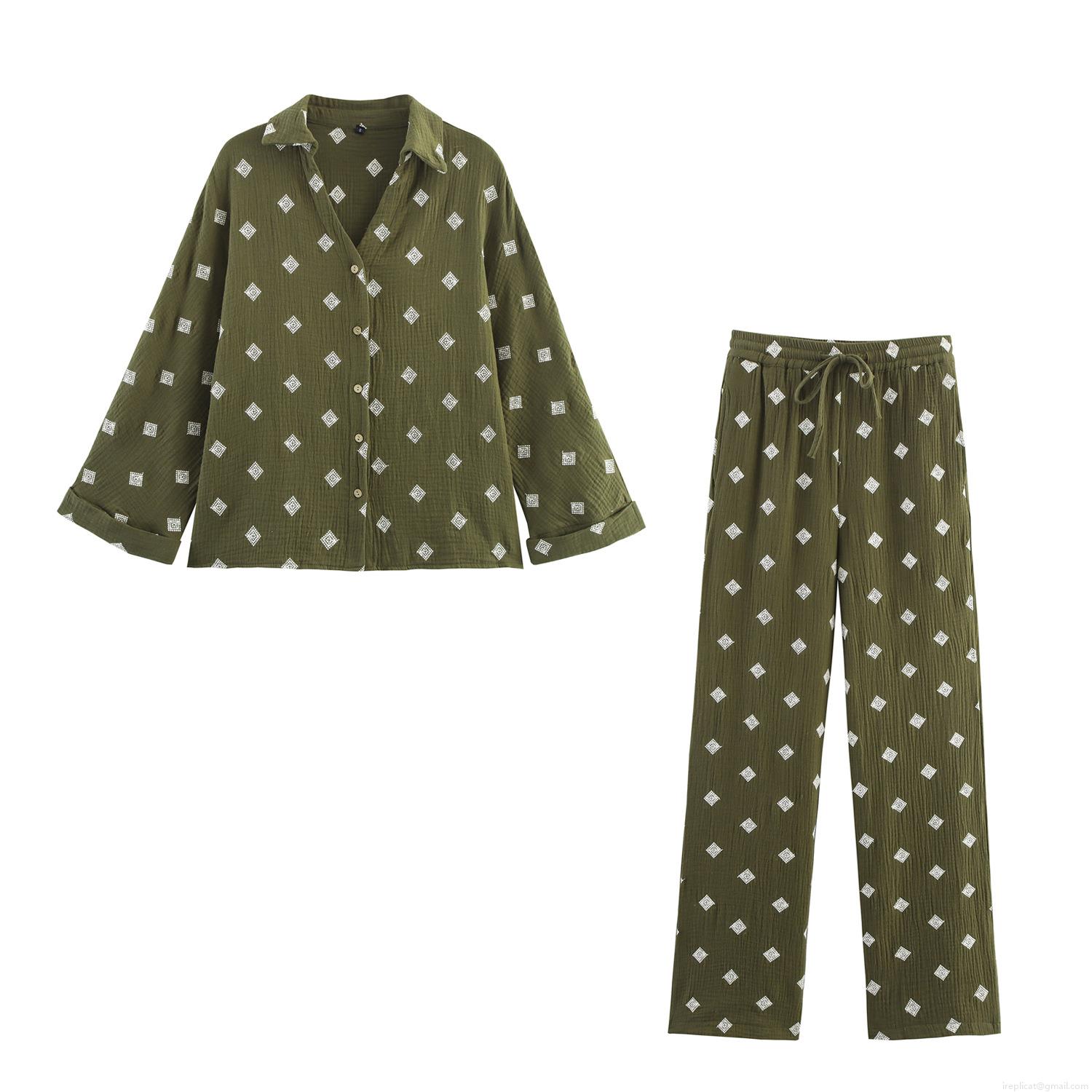 Women's Casual 2 Piece Lounge Set Cotton Crepe Embroidery Long Sleeve Button Down Shirt and Wide Leg Pants Set Olive Green Geometric Print Streetwear Outfit