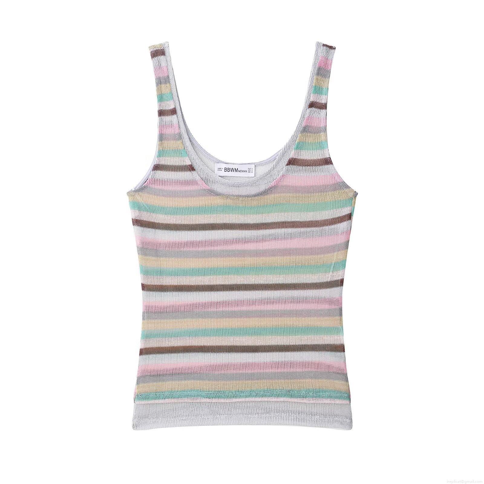 Women Colorful Rainbow Striped Knitwear 3 Piece Set Breathable Hollow Out Knit Vest Wide Leg Pants Long Sleeve Slim Dress Vacation Beachwear Streetwear Western Style Outfit