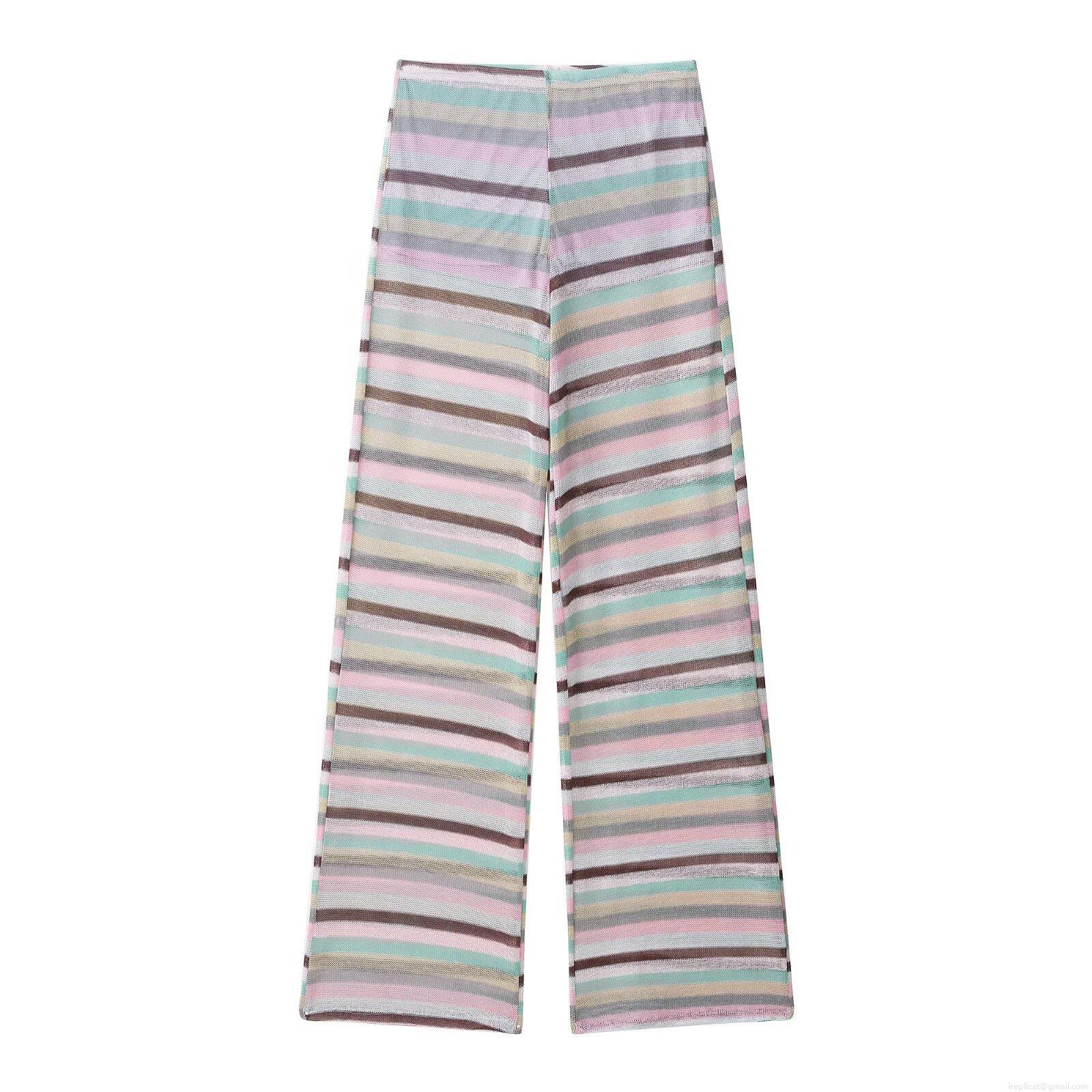 Women Colorful Rainbow Striped Knitwear 3 Piece Set Breathable Hollow Out Knit Vest Wide Leg Pants Long Sleeve Slim Dress Vacation Beachwear Streetwear Western Style Outfit