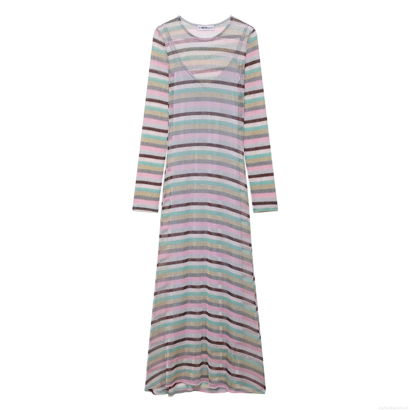 Women Colorful Rainbow Striped Knitwear 3 Piece Set Breathable Hollow Out Knit Vest Wide Leg Pants Long Sleeve Slim Dress Vacation Beachwear Streetwear Western Style Outfit
