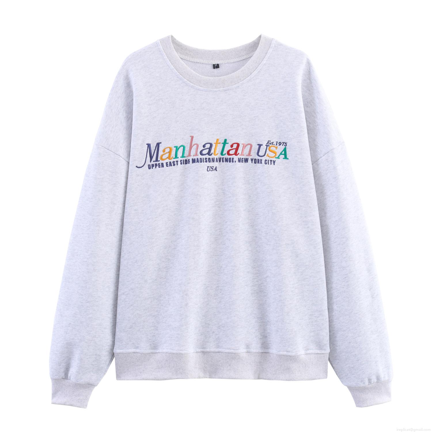 Women's Casual Grey Sweatshirt and Sweatpants Set Manhattan USA Letter Print Long Sleeve Crew Neck Loungewear Jogger Set Cotton Blend 2 Piece Outfit
