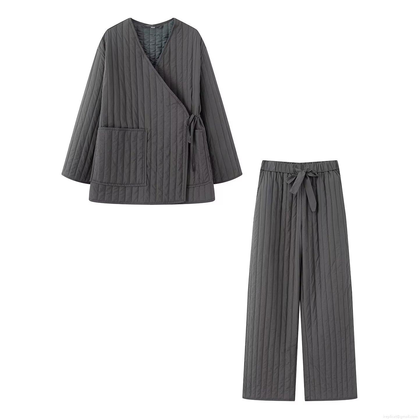 Women's Casual Quilted Loungewear Set Kimono Style Side Tie Top and Wide Leg Pants Two Piece Polyester Solid Color Warm Pajamas Set For Autumn Winter