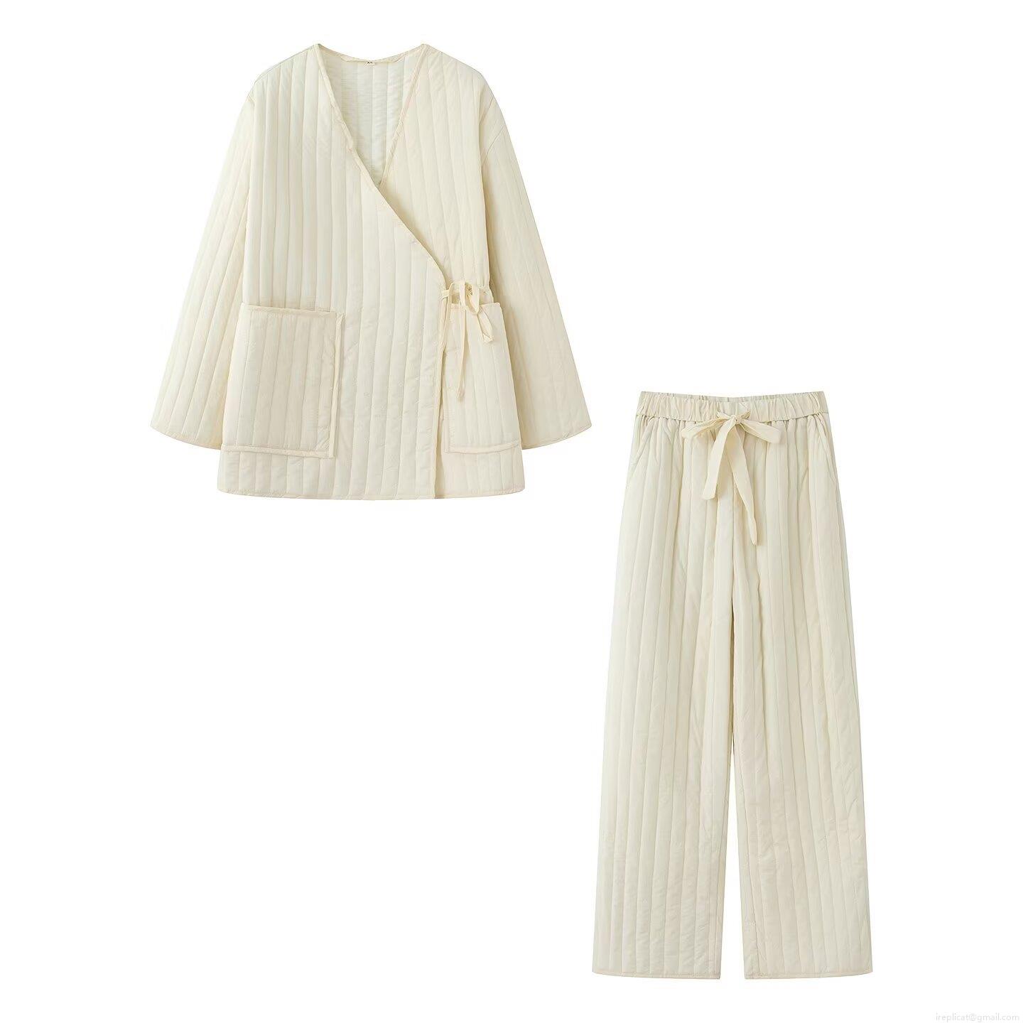 Women's Casual Quilted Loungewear Set Kimono Style Side Tie Top and Wide Leg Pants Two Piece Polyester Solid Color Warm Pajamas Set For Autumn Winter
