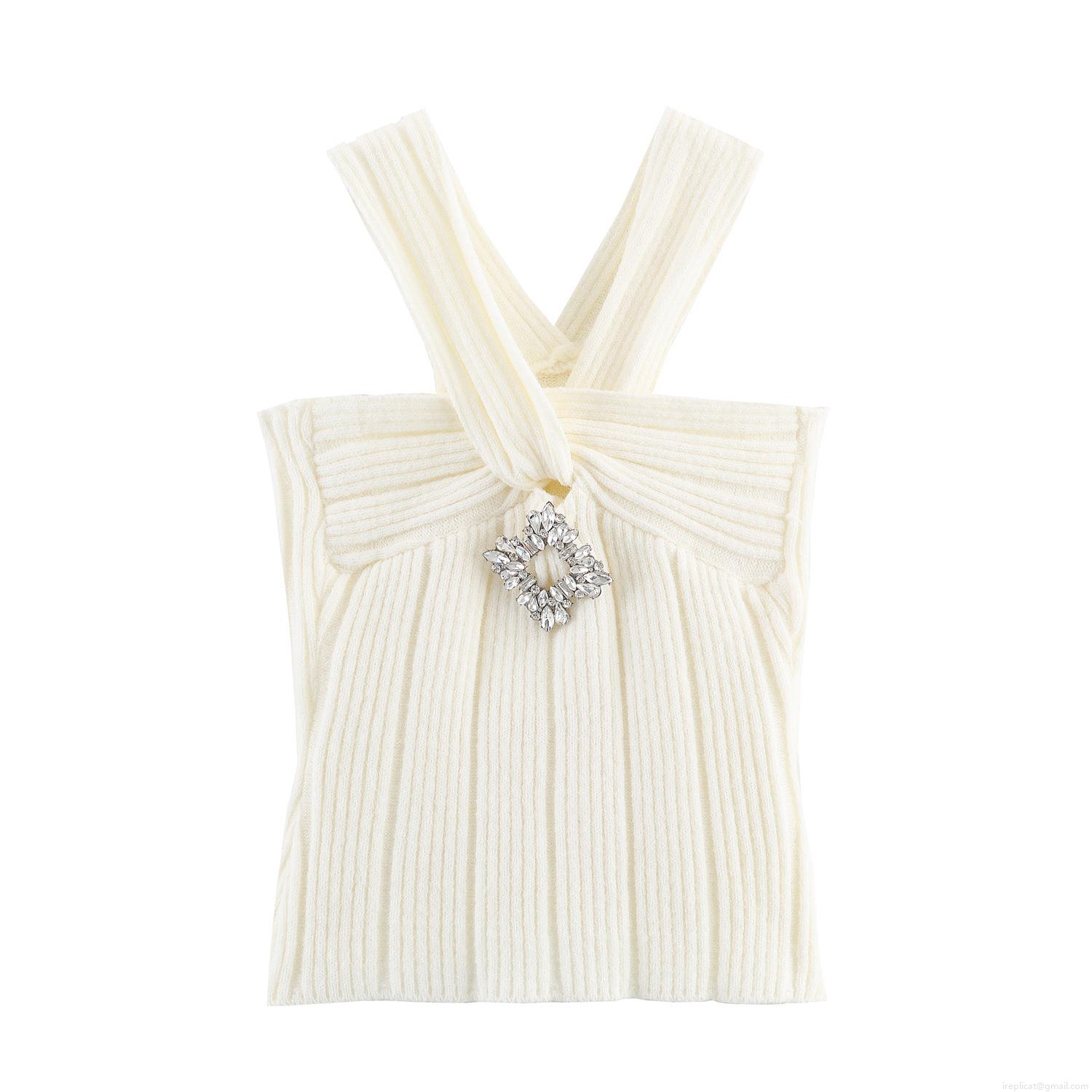 Women's 2 Piece Knit Set Long Sleeve Ribbed Cardigan And Rhinestone Brooch Cross Halter Camisole Casual Solid Color Soft Knitted Outfits