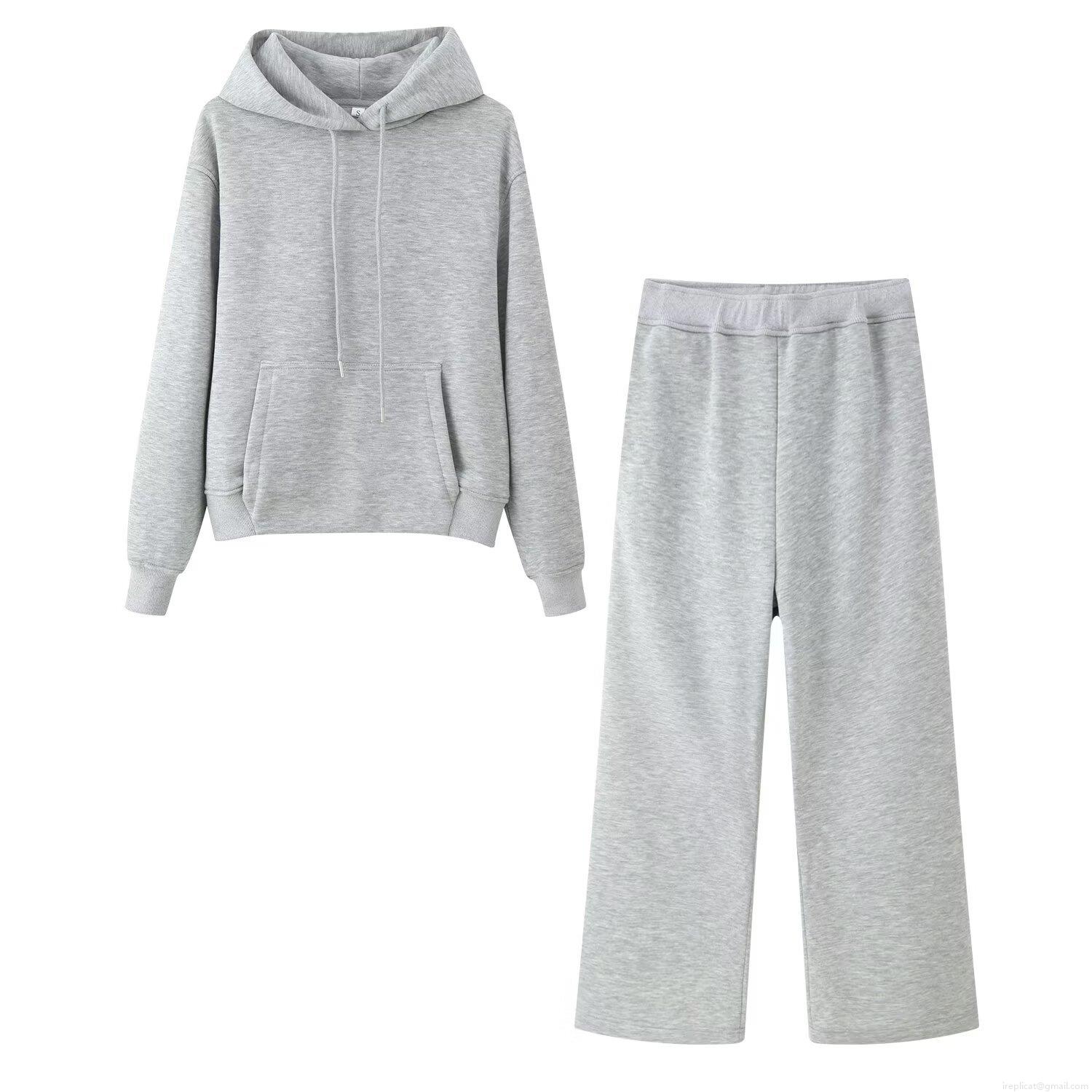 Women's Casual Two Piece Knitted Tracksuit Set Solid Color Hooded Drawstring Long Sleeve Sweatshirt And Wide Leg Pants Loungewear Outfit Soft Warm Sporty Suit