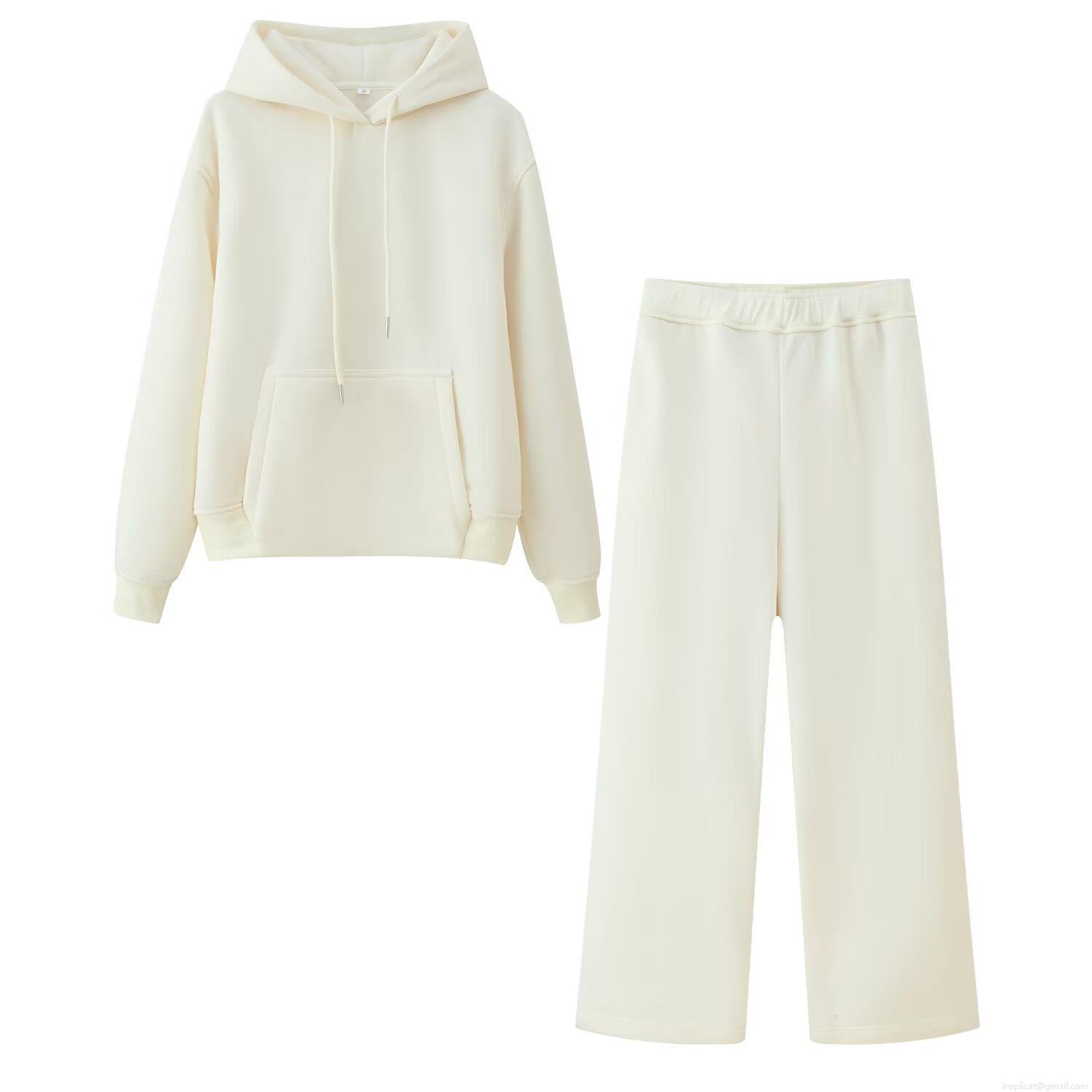 Women's Casual Two Piece Knitted Tracksuit Set Solid Color Hooded Drawstring Long Sleeve Sweatshirt And Wide Leg Pants Loungewear Outfit Soft Warm Sporty Suit