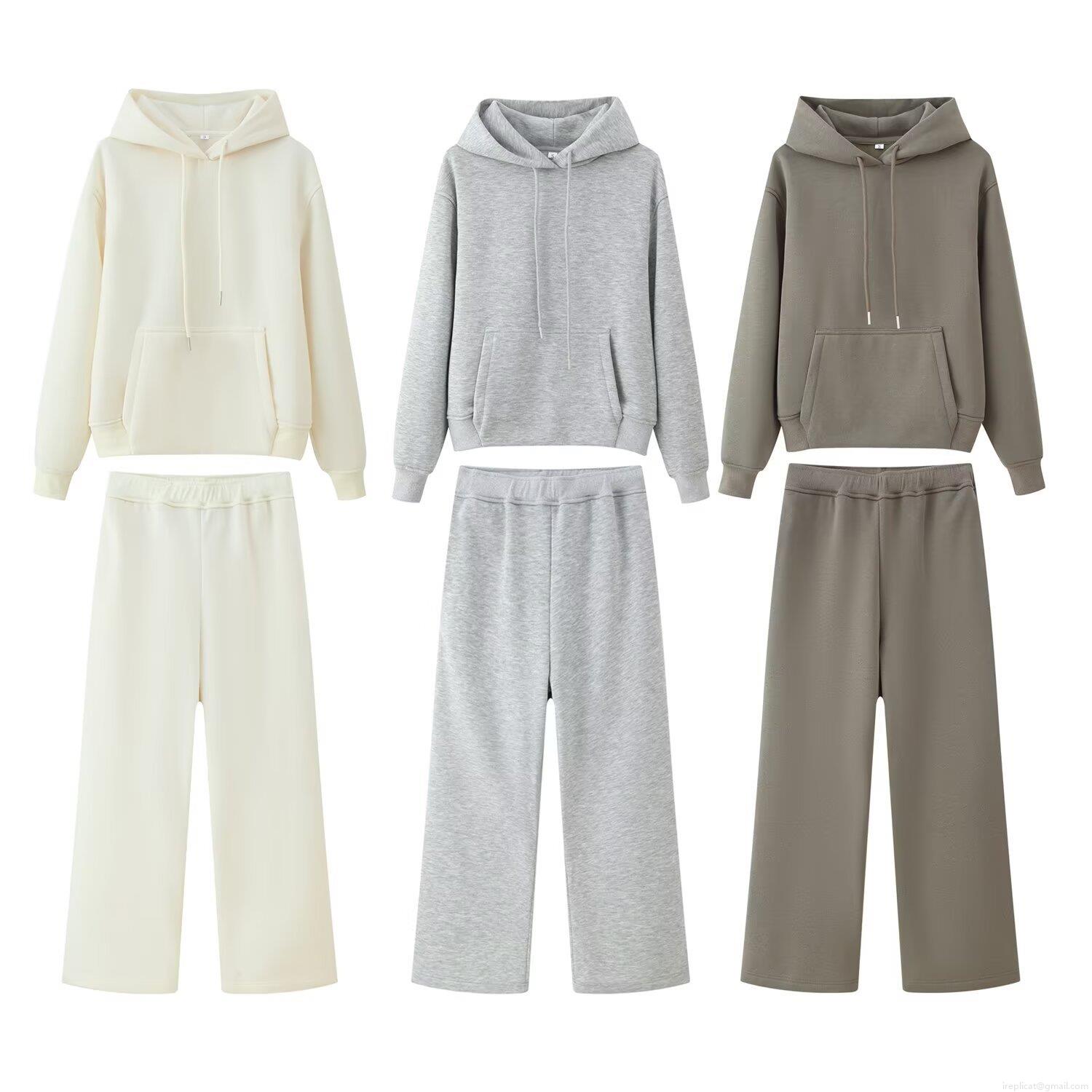 Women's Casual Two Piece Knitted Tracksuit Set Solid Color Hooded Drawstring Long Sleeve Sweatshirt And Wide Leg Pants Loungewear Outfit Soft Warm Sporty Suit