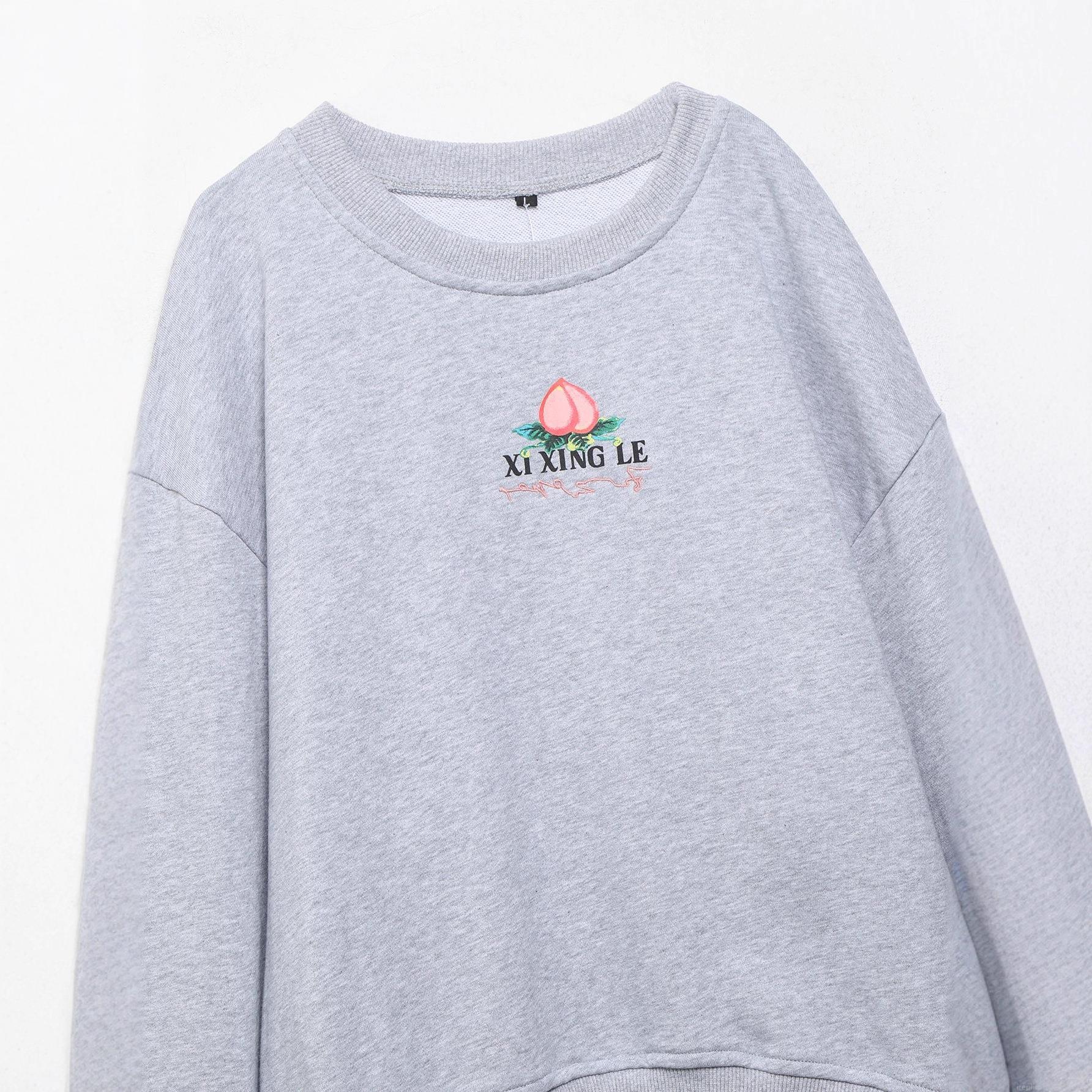 Women's Casual Heather Grey XI XING LE Peach Print Two Piece Set Round Neck Sweatshirt And Wide Leg Pants Streetwear Loungewear Outfits