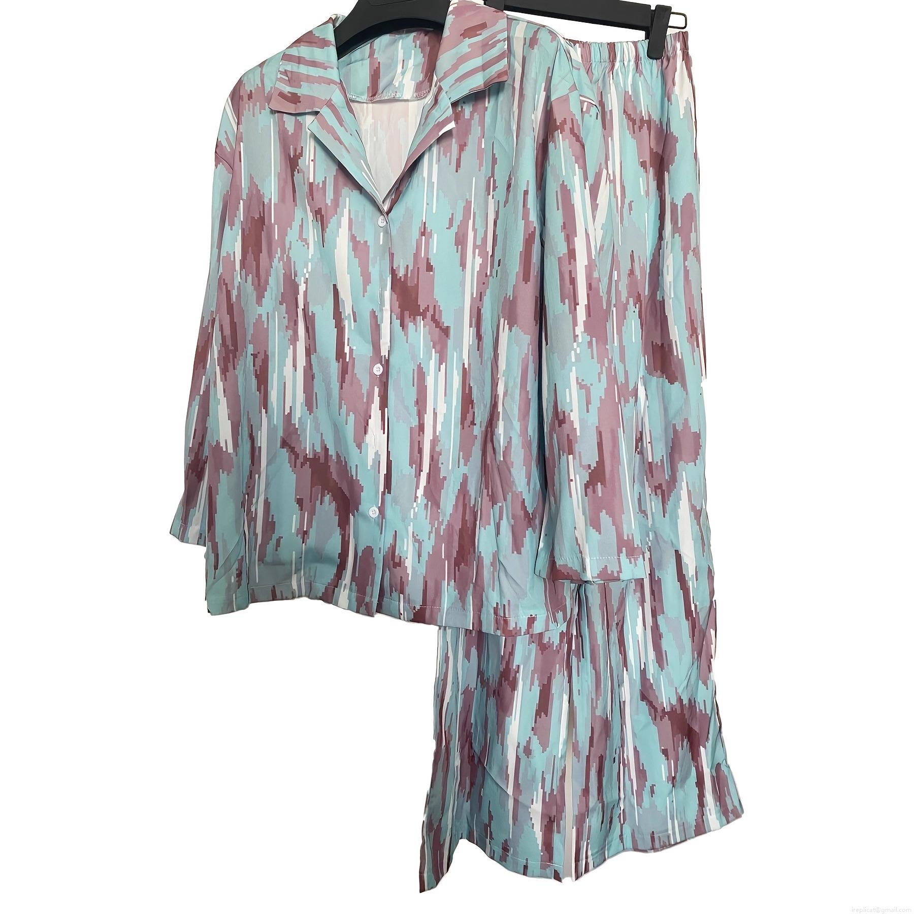 Women's Casual Lounge Set Polyester Abstract Floral Print Long Sleeve Button Down Shirt and Wide Leg Pants Relaxed Fit 2 Piece Tracksuit Pajama Set Autumn Fashion