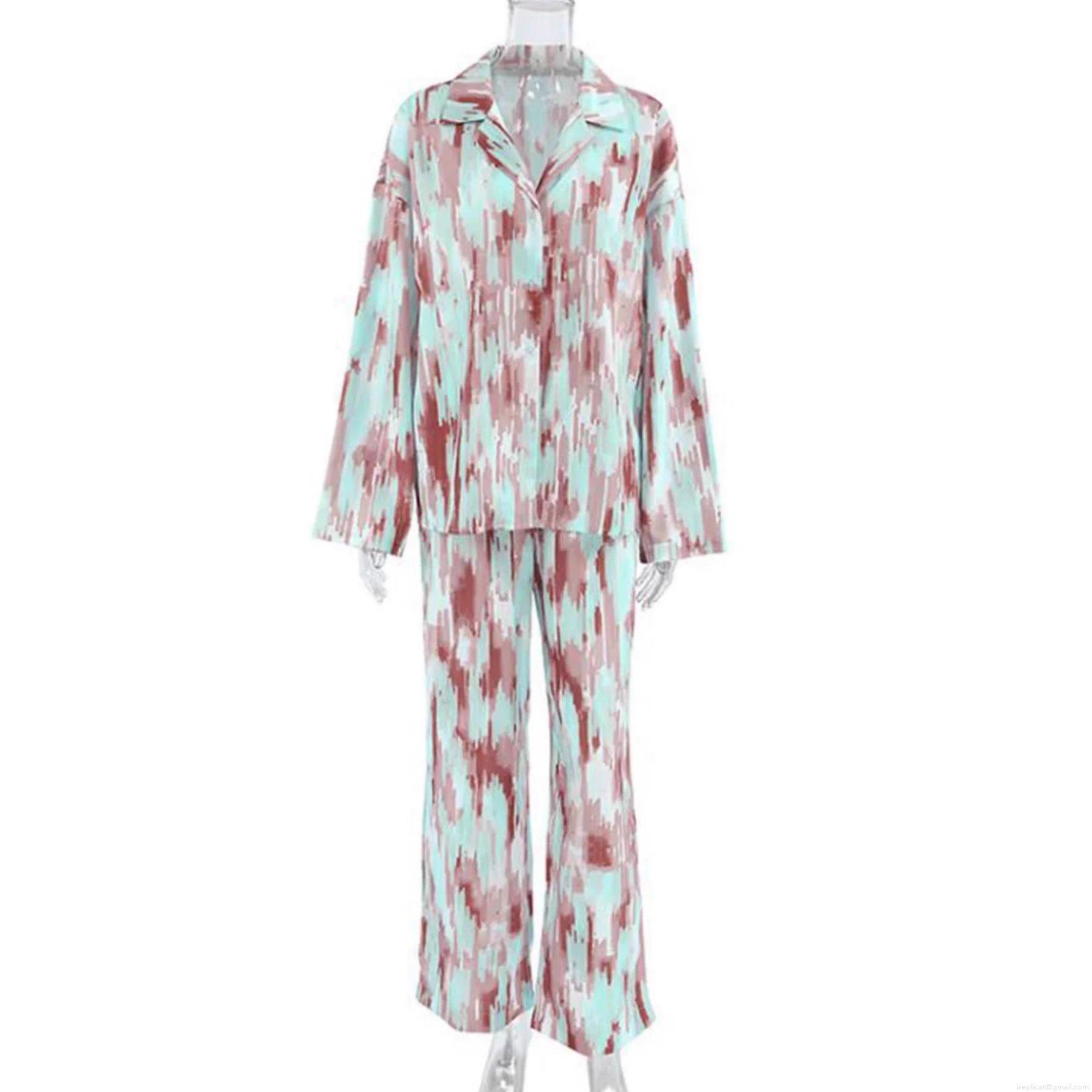 Women's Casual Lounge Set Polyester Abstract Floral Print Long Sleeve Button Down Shirt and Wide Leg Pants Relaxed Fit 2 Piece Tracksuit Pajama Set Autumn Fashion
