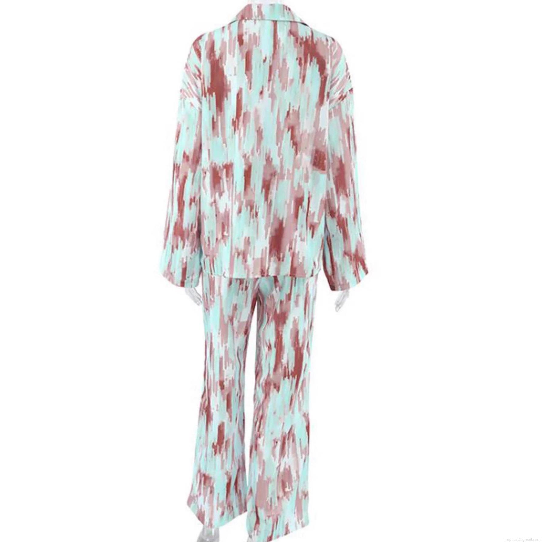 Women's Casual Lounge Set Polyester Abstract Floral Print Long Sleeve Button Down Shirt and Wide Leg Pants Relaxed Fit 2 Piece Tracksuit Pajama Set Autumn Fashion