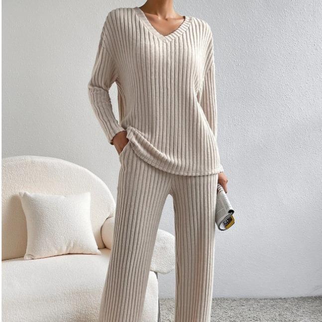 Women's Ribbed Knit 2-Piece Loungewear Set Loose V-Neck Long Sleeve Top and Wide Leg Pants Casual Fall Winter Outfit