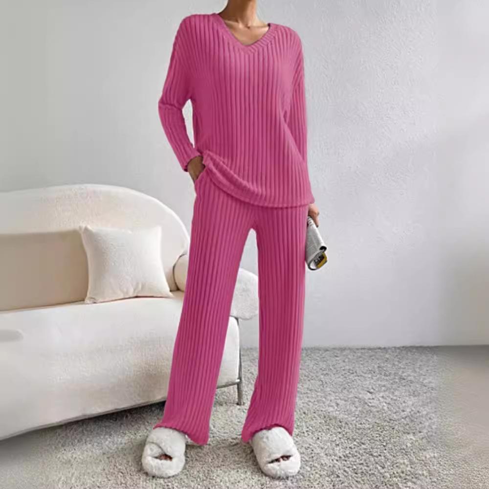Women's Ribbed Knit 2-Piece Loungewear Set Loose V-Neck Long Sleeve Top and Wide Leg Pants Casual Fall Winter Outfit