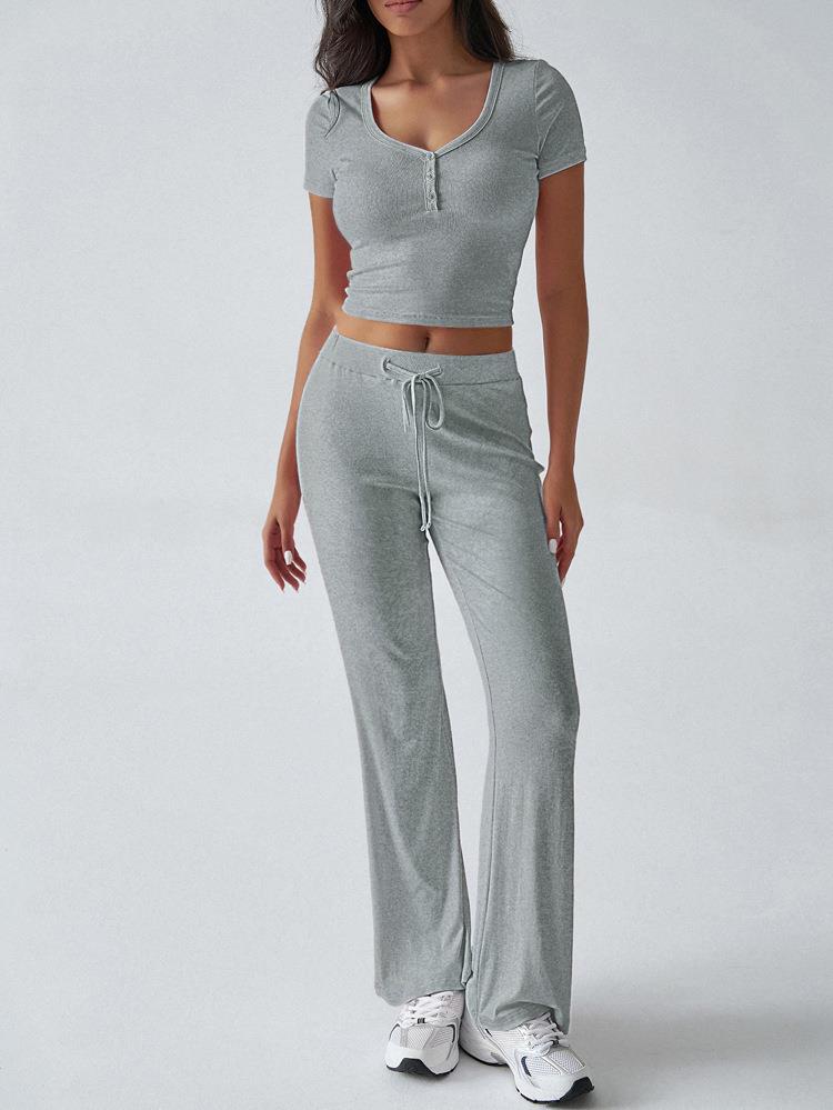 Women's 2 Piece Lounge Set Ribbed Knit V Neck Button Short Sleeve Crop Top High Waist Drawstring Flared Pants Casual Homewear Solid Color Slim Fit Outfit