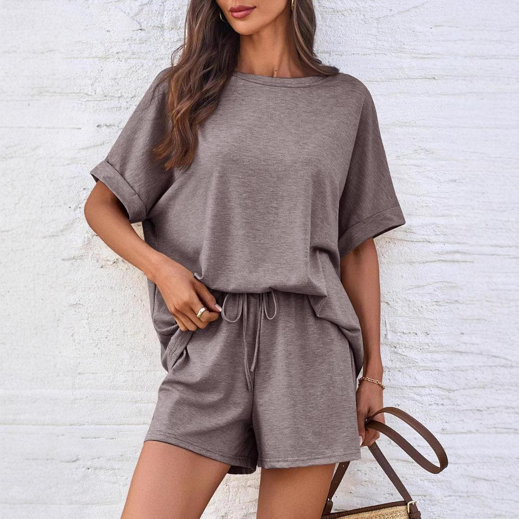 Women's Casual Two-Piece Outfits Set Oversized Batwing Short Sleeve T-Shirt And Drawstring Shorts Loungewear Polyester Spandex Soft Tracksuit For Summer Women Daily Home Wear