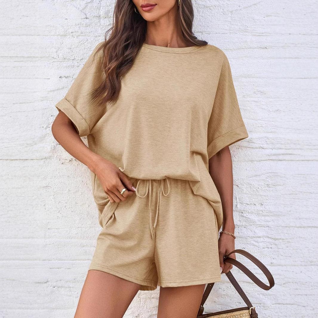 Women's Casual Two-Piece Outfits Set Oversized Batwing Short Sleeve T-Shirt And Drawstring Shorts Loungewear Polyester Spandex Soft Tracksuit For Summer Women Daily Home Wear