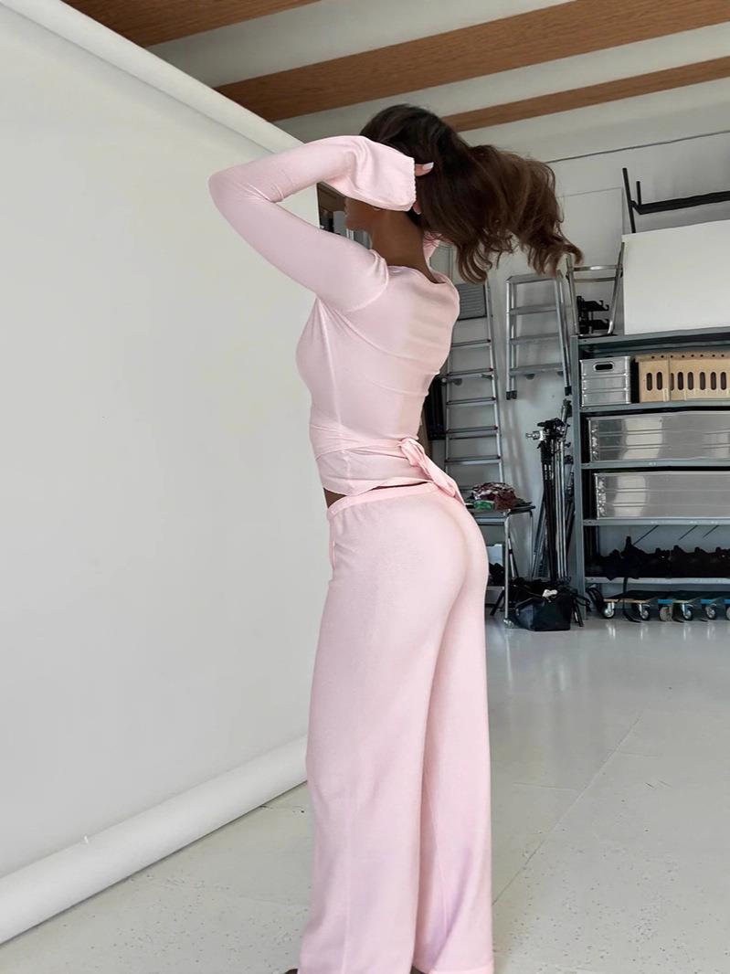 Women's 2 Piece Lounge Set Fleece Lined V Neck Wrap Long Sleeve Crop Top High Waisted Drawstring Wide Leg Pants Ribbed Knit Outfits Casual Tracksuit