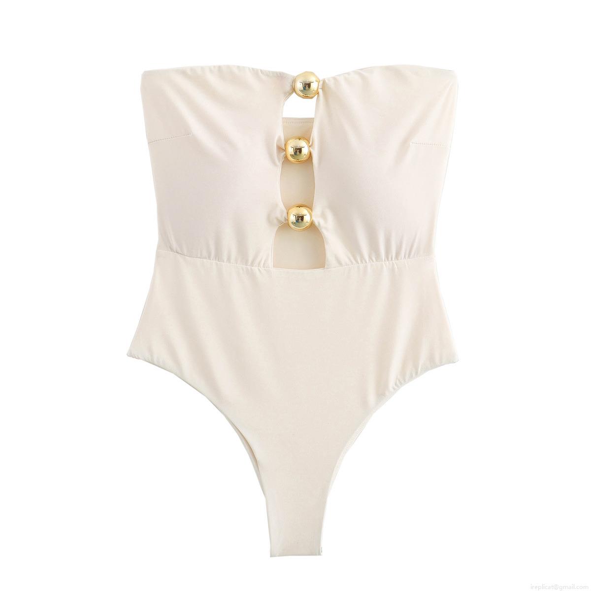 Women's Sexy Strapless One-Piece Swimsuit Hollow Out Bodycon Bodysuit With Gold Sphere Buttons Slim Fit High Elastic Polyester Swimwear For Beach Vacation Summer