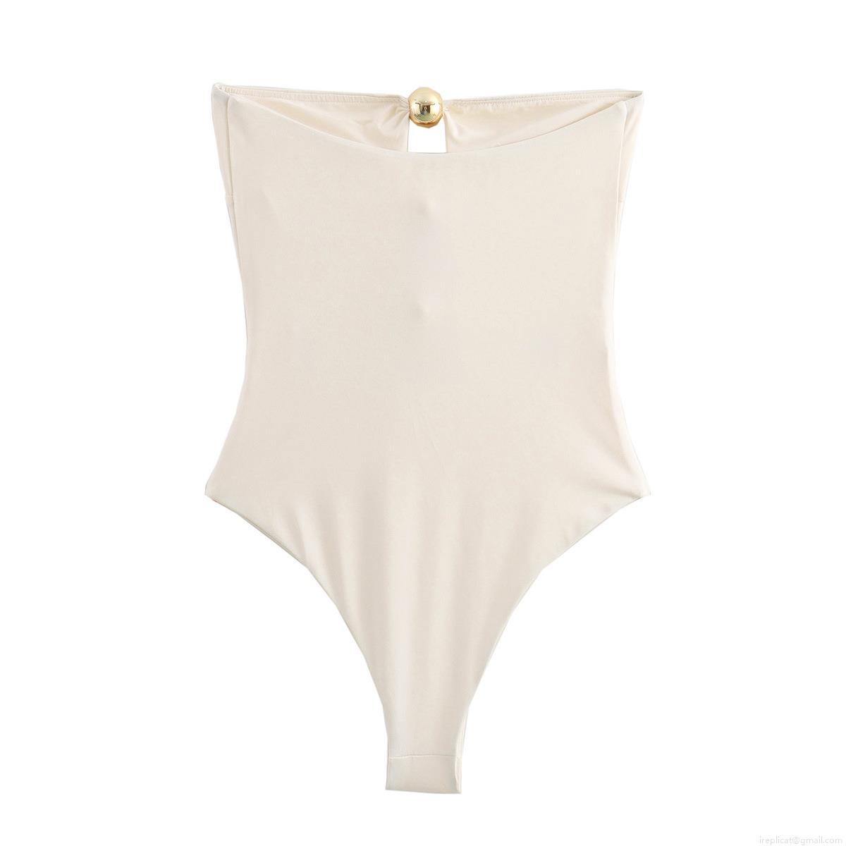 Women's Sexy Strapless One-Piece Swimsuit Hollow Out Bodycon Bodysuit With Gold Sphere Buttons Slim Fit High Elastic Polyester Swimwear For Beach Vacation Summer