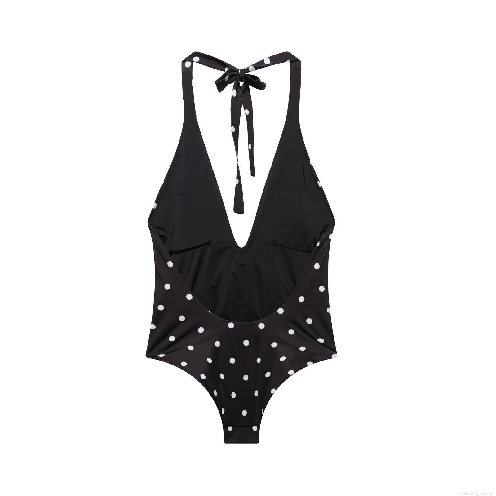 Women's One Piece Swimsuit Vintage Polka Dot Halter Neck Bathing Suit With 3D Rose Flower Sexy Deep V-Neck Slim Fit Beachwear Monokini