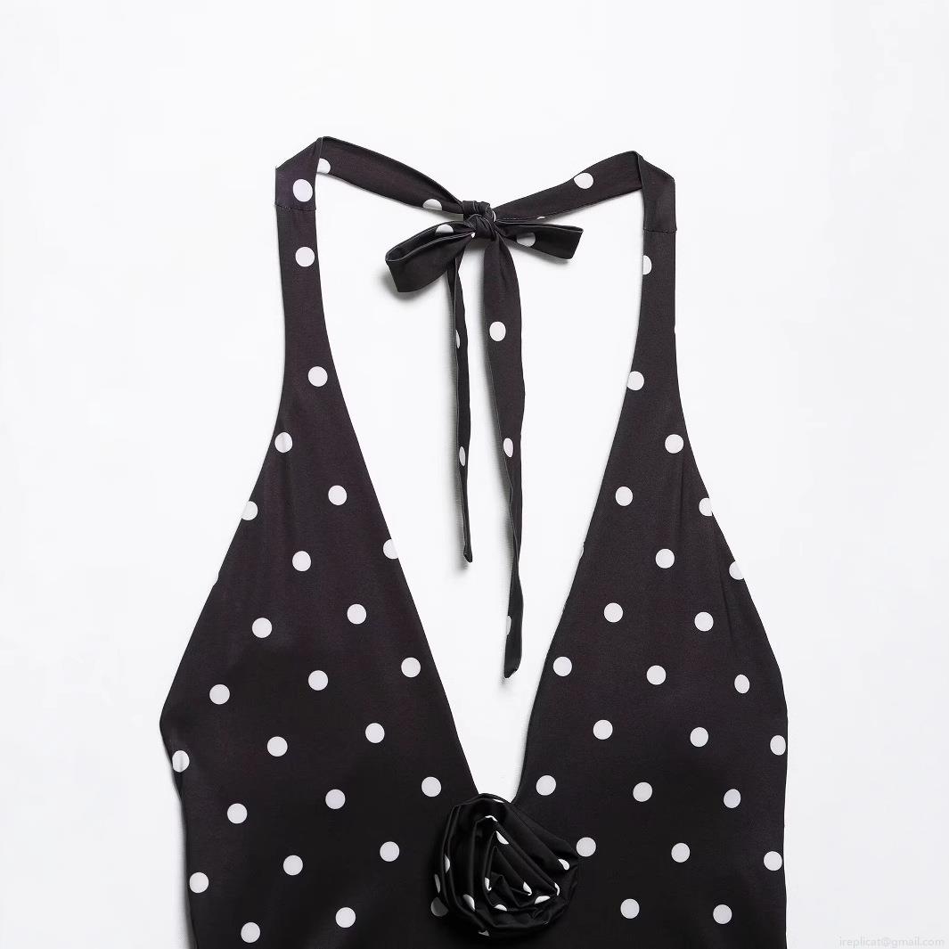 Women's One Piece Swimsuit Vintage Polka Dot Halter Neck Bathing Suit With 3D Rose Flower Sexy Deep V-Neck Slim Fit Beachwear Monokini