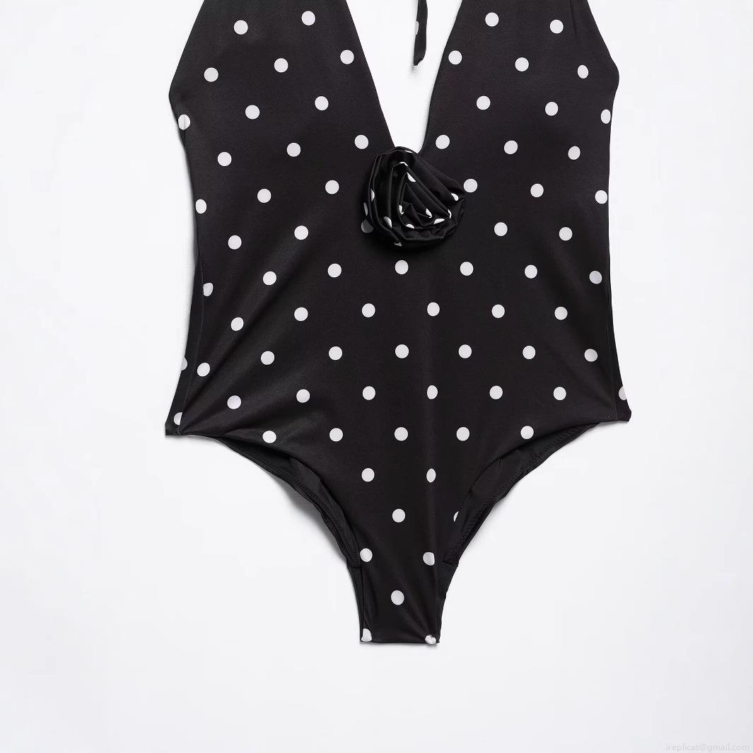 Women's One Piece Swimsuit Vintage Polka Dot Halter Neck Bathing Suit With 3D Rose Flower Sexy Deep V-Neck Slim Fit Beachwear Monokini
