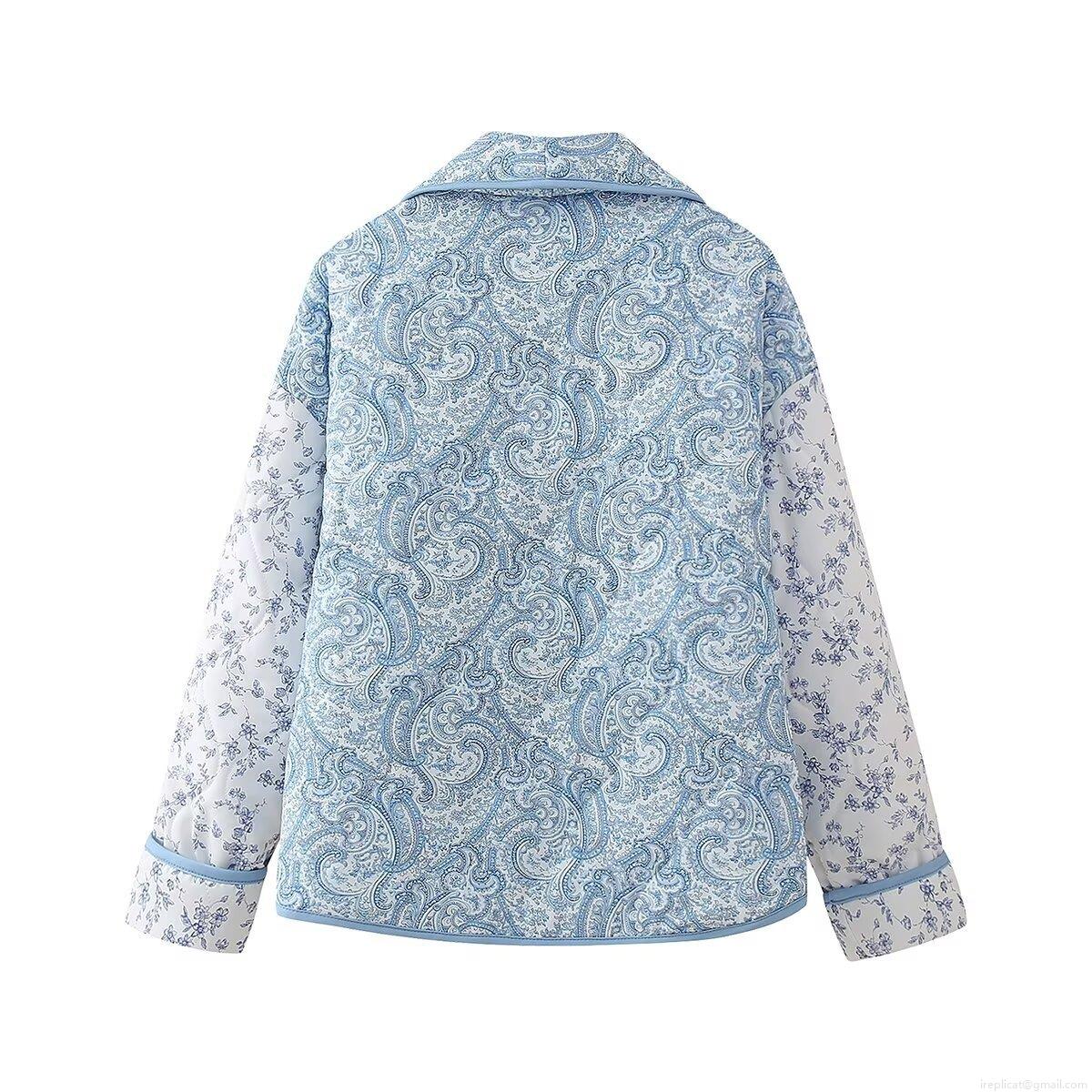 Women's Quilted Jacket Polyester Paisley Floral Print Padded Coat Lapel Long Sleeve Loose Outerwear For Autumn Winter Casual Sweet Style