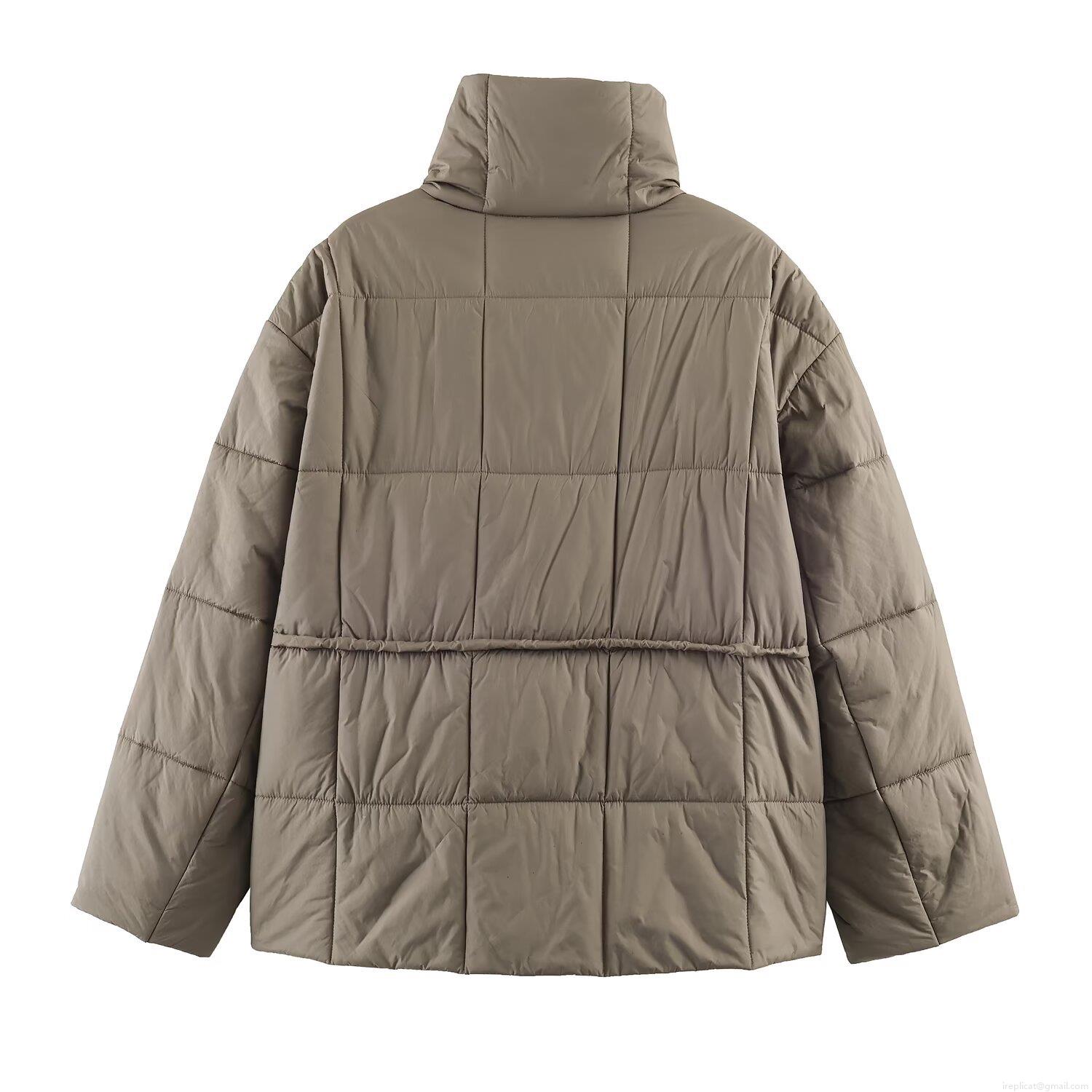 Women's Quilted Padded Jacket Polyester Long Sleeve Stand Collar Single Breasted Coat With Belt Winter Warm Streetwear Loose Outerwear