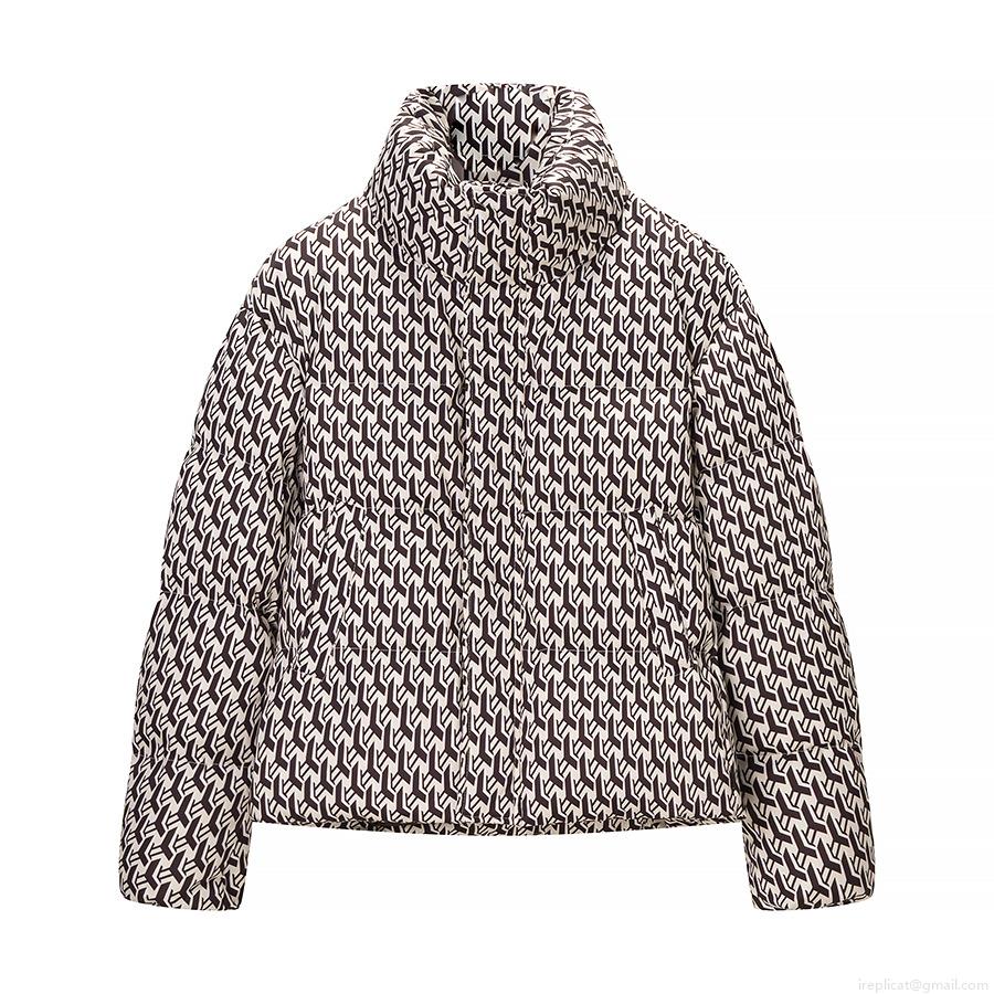 Women's Winter Puffer Jacket Stand Collar Geometric Y-Shape Monogram Print Long Sleeve Warm Quilted Outerwear Coat For Autumn Winter Streetwear