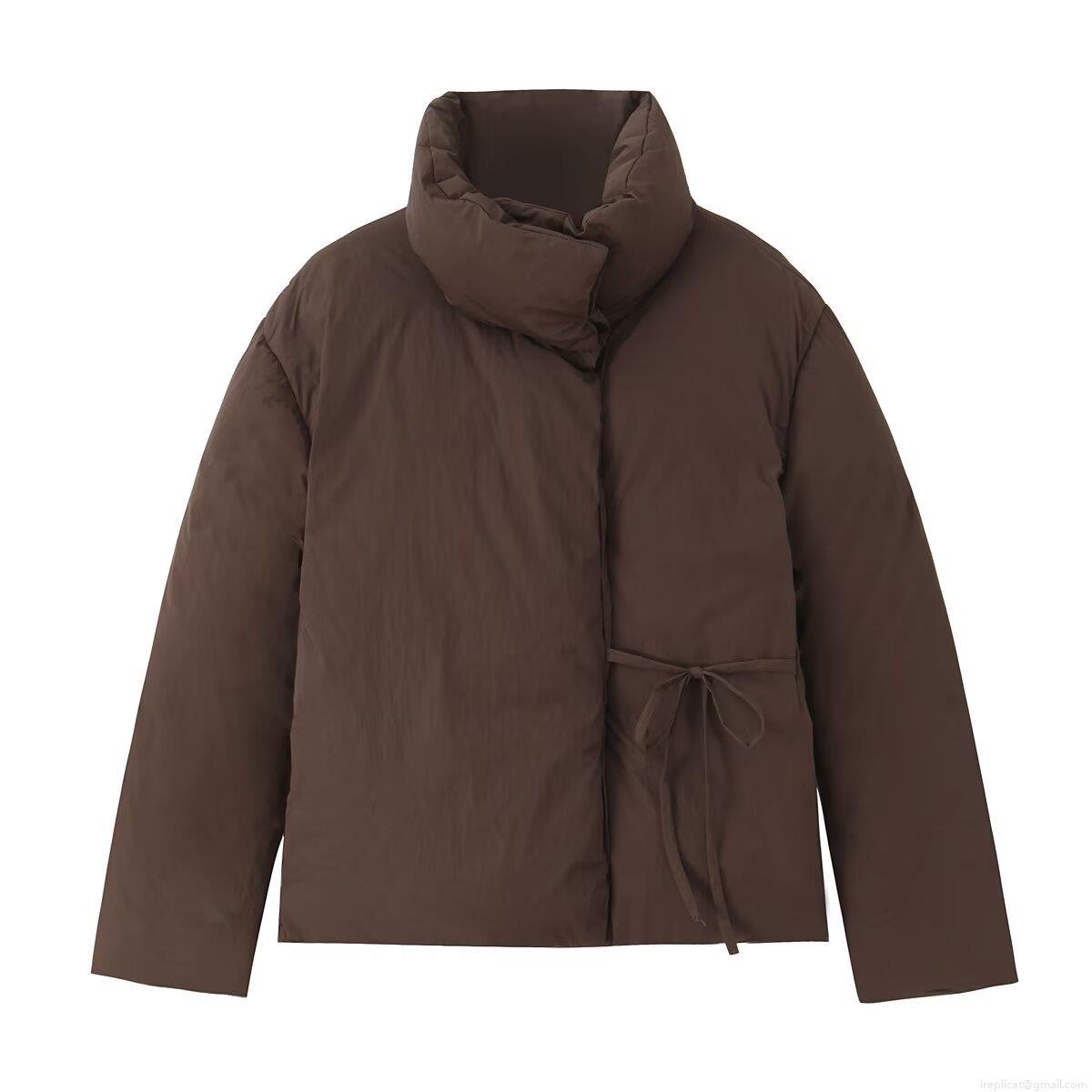 Women Casual Solid Thickened Puffer Jacket Stand Collar Tie Waist Loose Polyester Cotton Padded Coat Winter Warm Outerwear Streetwear